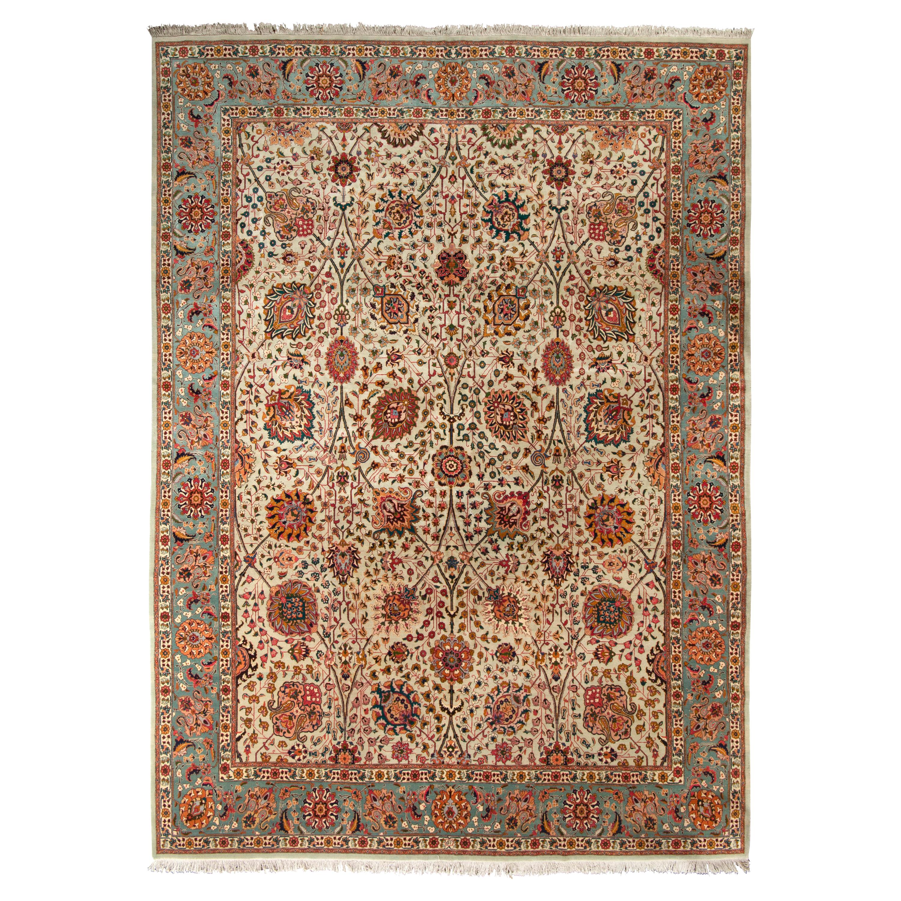 Hand-Knotted Vintage Tabriz Persian Rug in Green Floral Pattern by Rug & Kilim For Sale