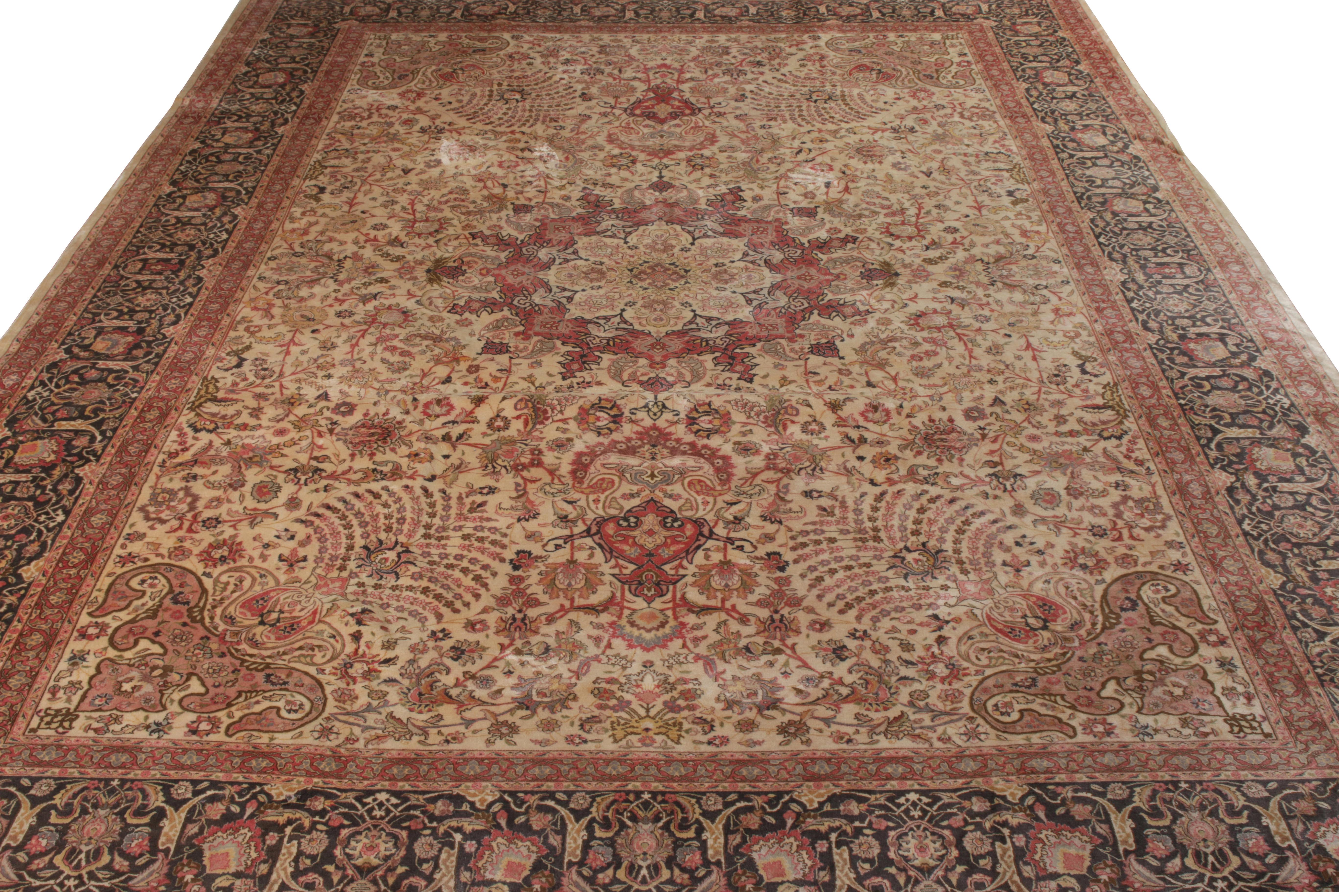 Persian Hand Knotted Vintage Tabriz Rug, Beige with Pink Floral Style For Sale