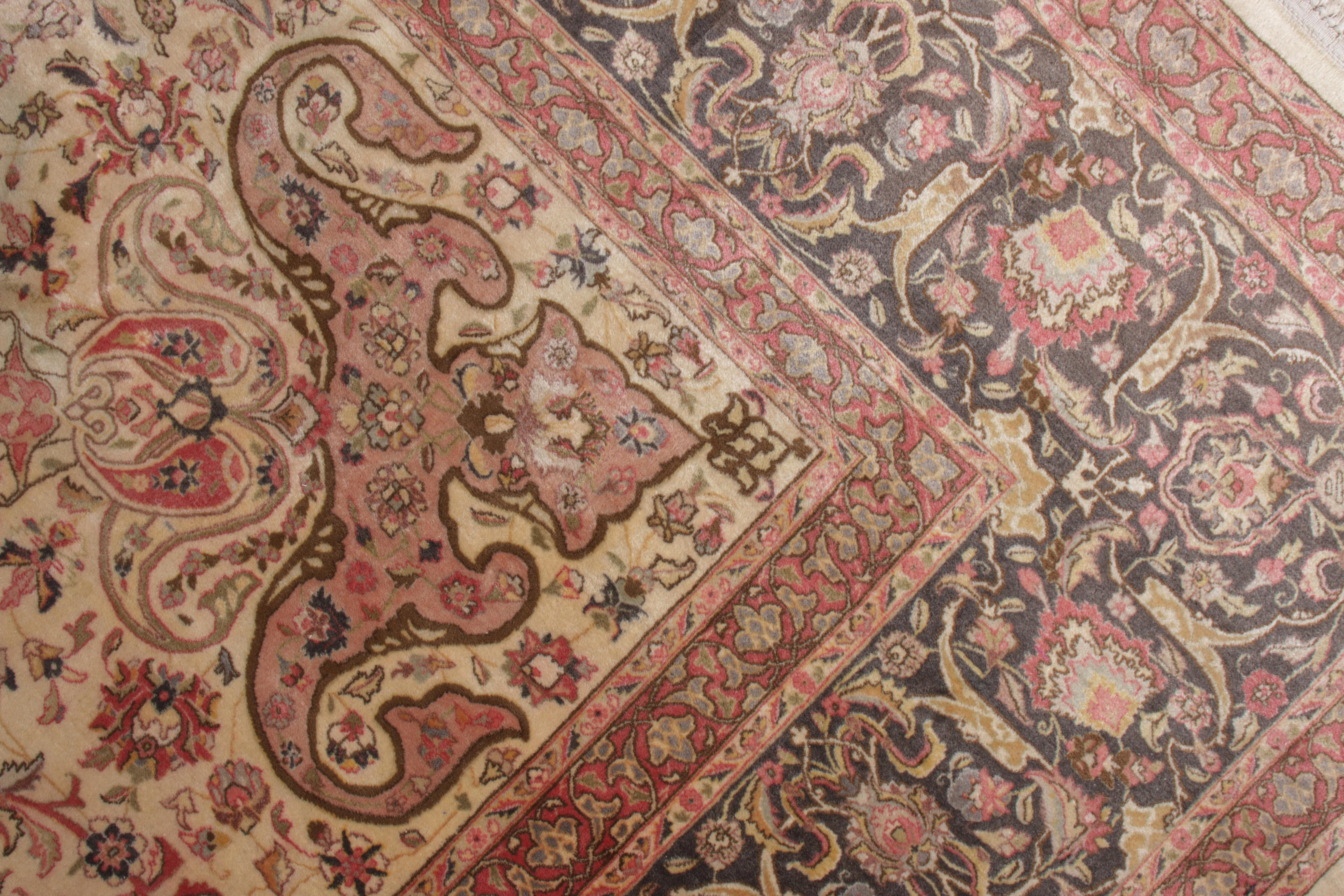 Hand Knotted Vintage Tabriz Rug, Beige with Pink Floral Style In Good Condition For Sale In Long Island City, NY