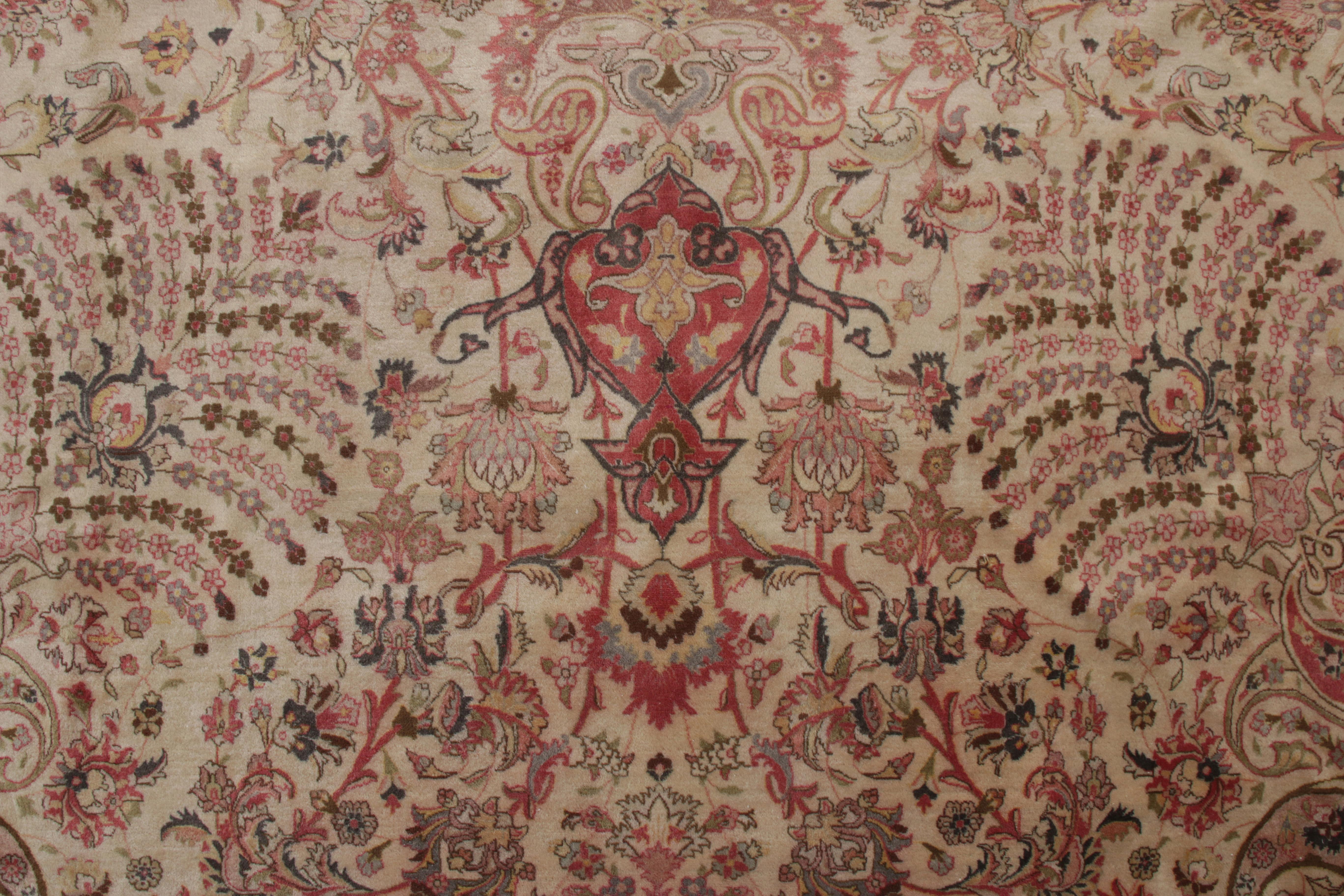 Mid-20th Century Hand Knotted Vintage Tabriz Rug, Beige with Pink Floral Style For Sale