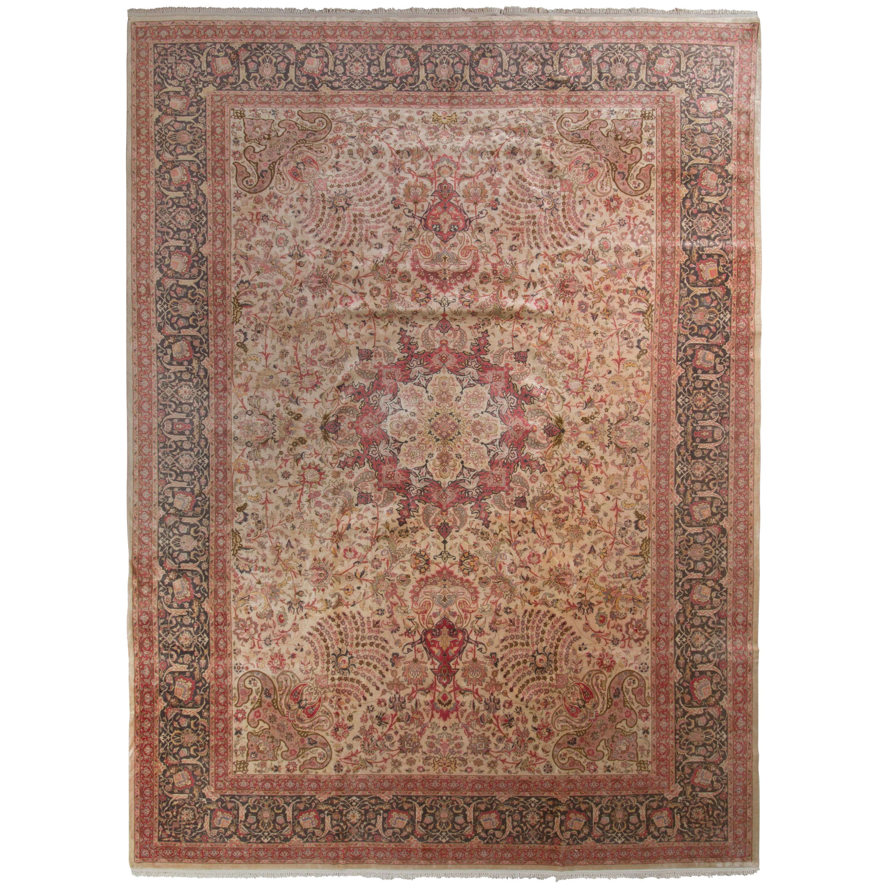 Hand Knotted Vintage Tabriz Rug, Beige with Pink Floral Style For Sale