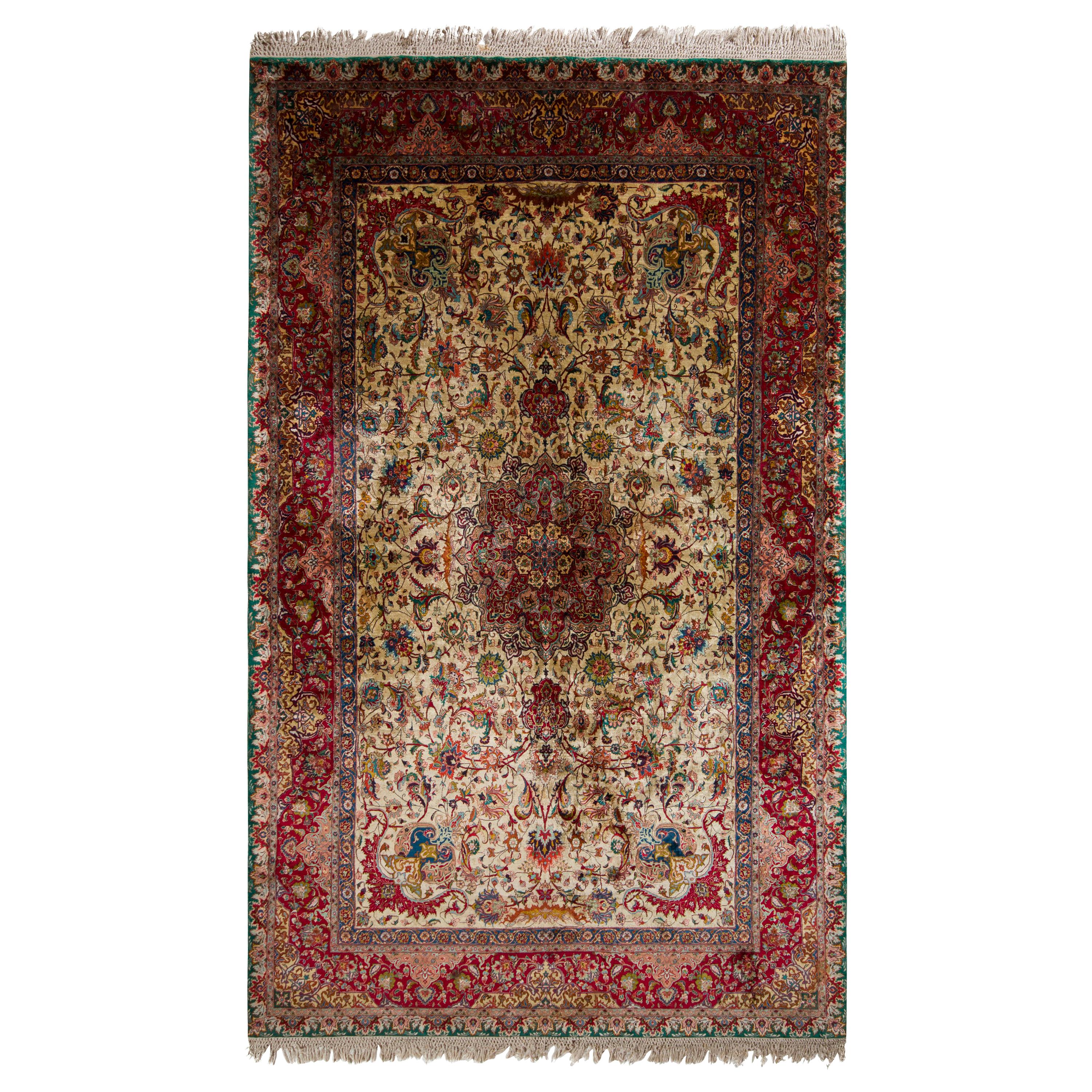 Handgeknüpfter Vintage-Tabriz-Teppich in Beige mit Medaillon-Blumenmuster