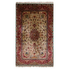 Tapis Tabriz vintage noué à la main en médaillon beige à motifs floraux