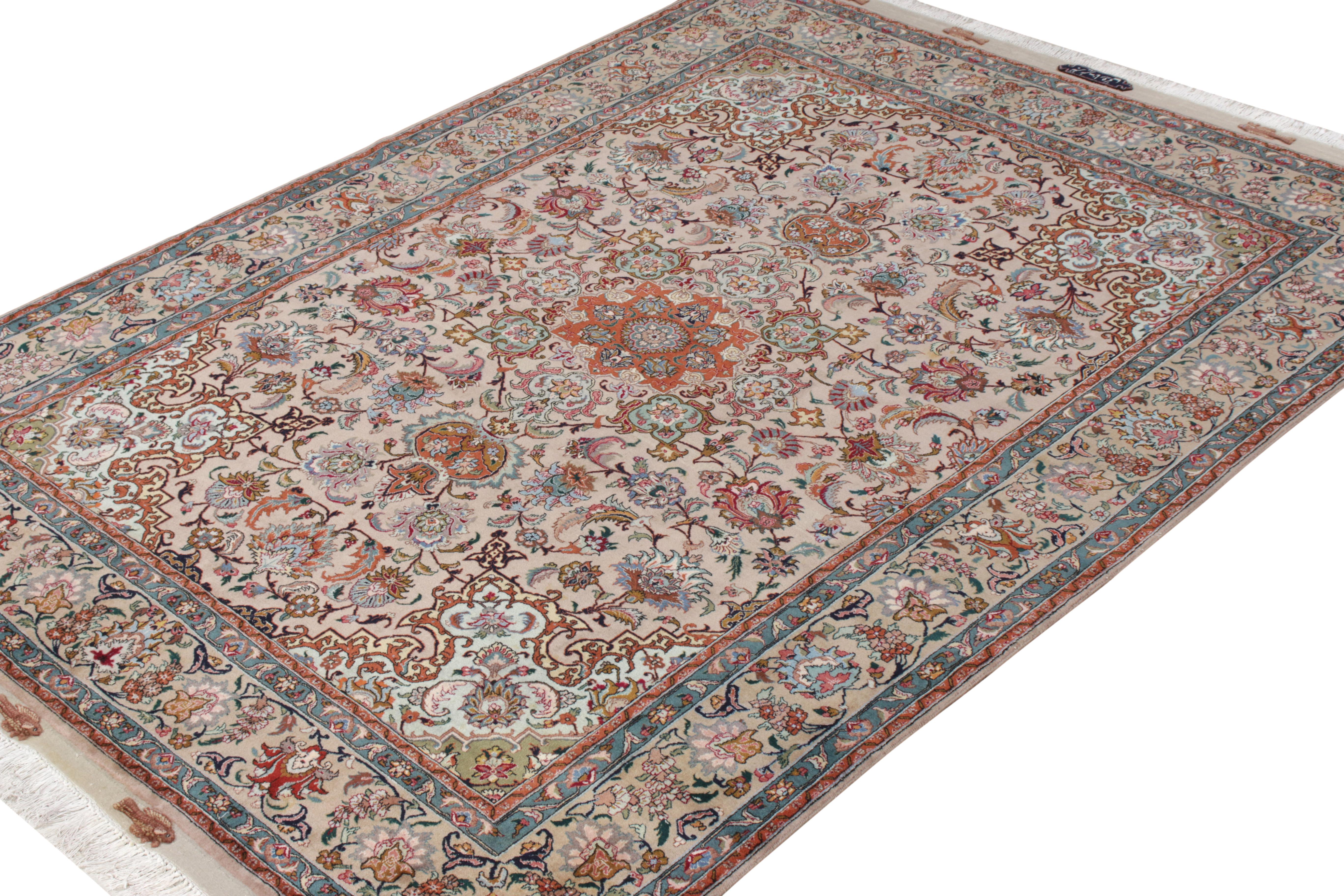 Persian Hand-Knotted Vintage Tabriz Rug in Pink, Red Floral Patterns by Rug & Kilim For Sale