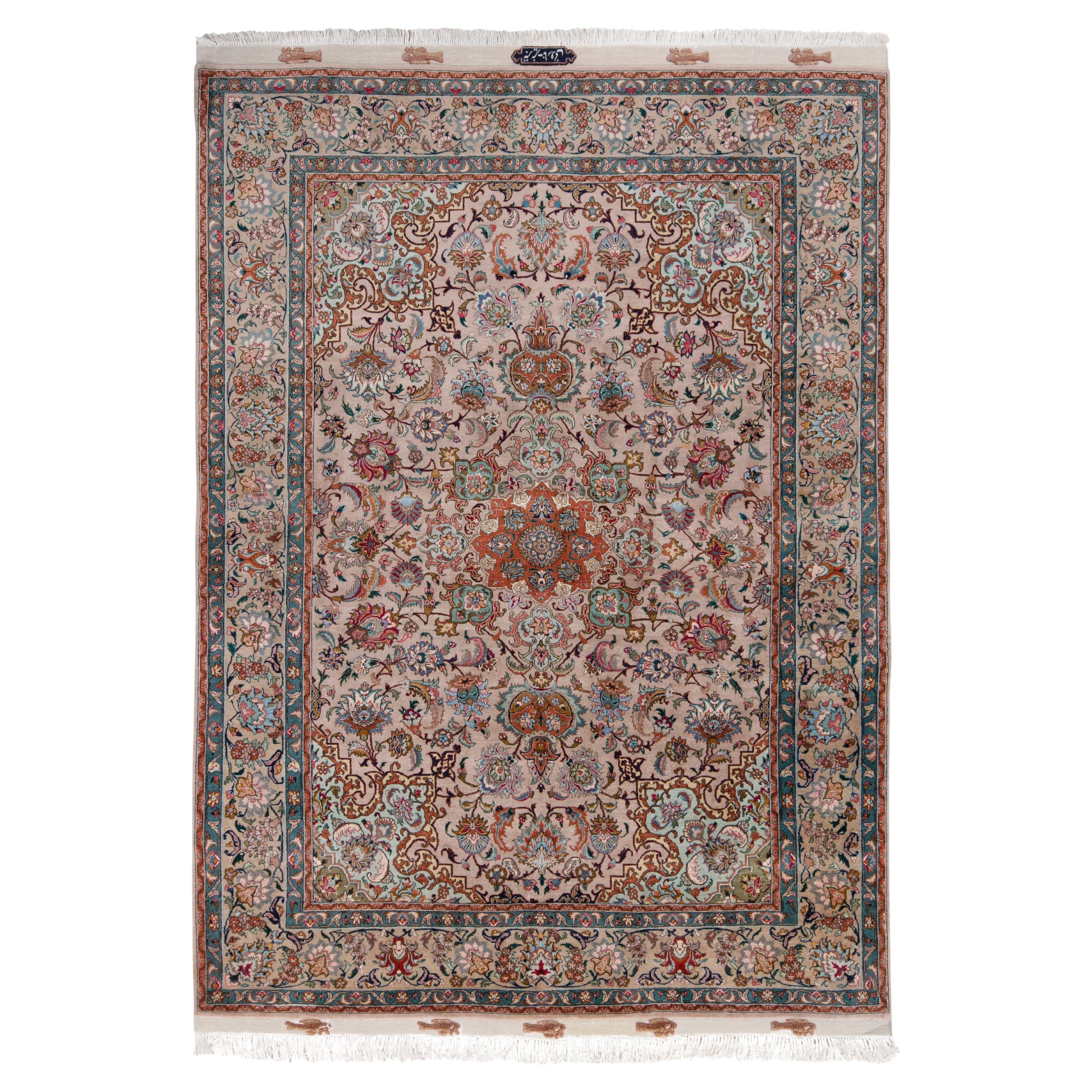 Hand-Knotted Vintage Tabriz Rug in Pink, Red Floral Patterns by Rug & Kilim