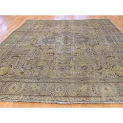 Hand Knotted Vintage Tabriz Sheared Low Silver Wash Oriental Rug