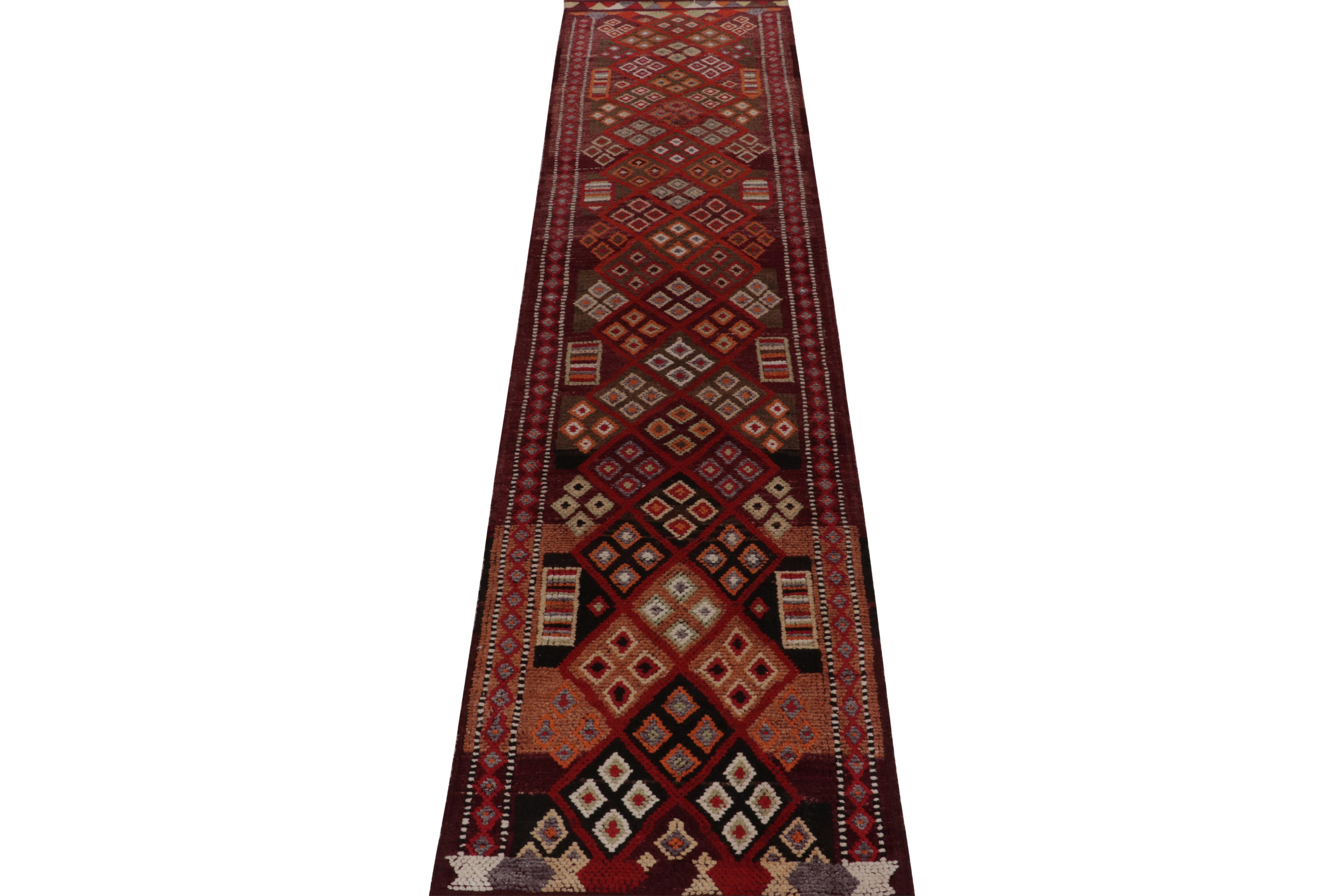 Turkish Hand-Knotted Vintage Tribal Runner in Red Brown Geometric Pattern by Rug & Kilim For Sale