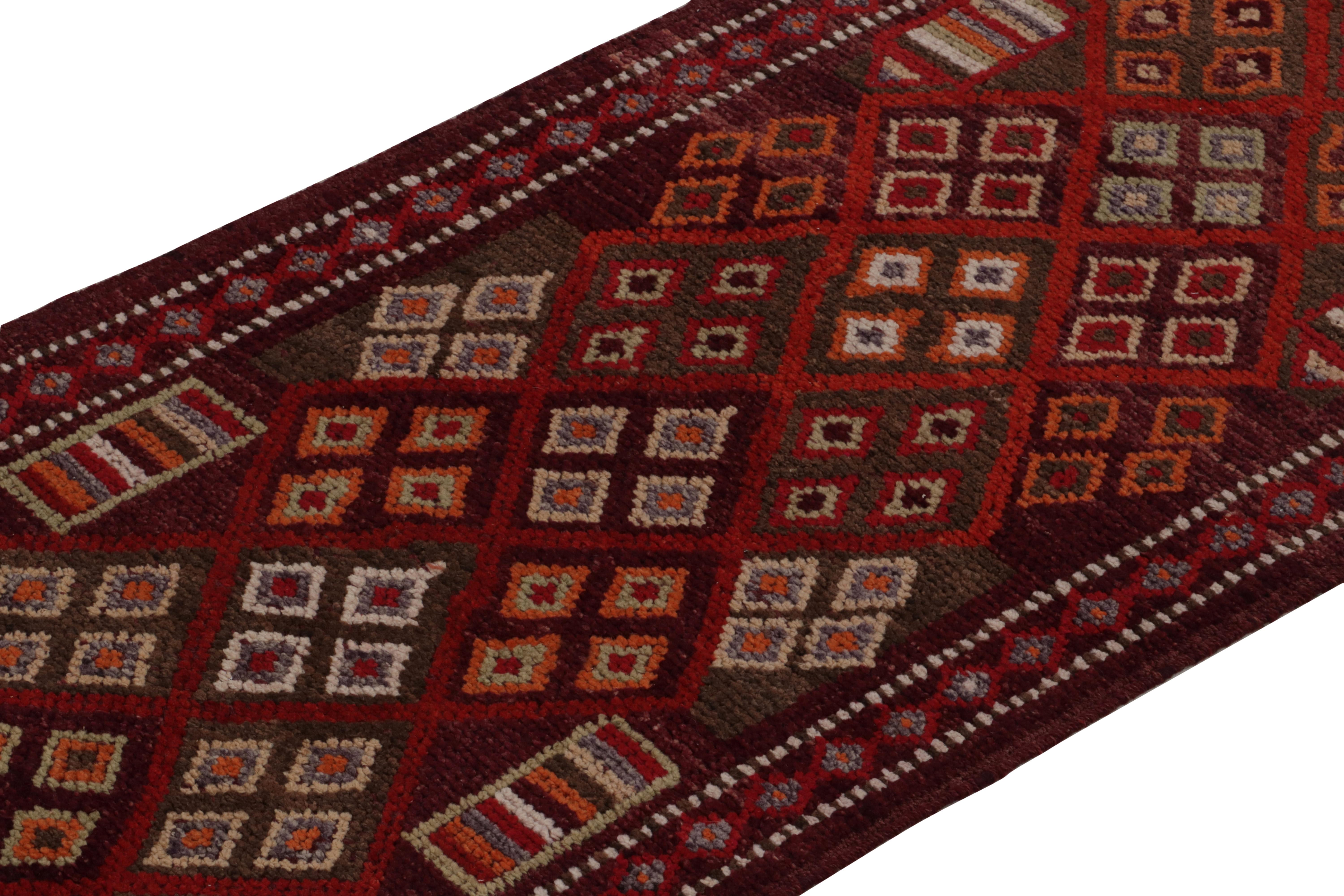 Hand-Knotted Vintage Tribal Runner in Red Brown Geometric Pattern by Rug & Kilim In Good Condition For Sale In Long Island City, NY