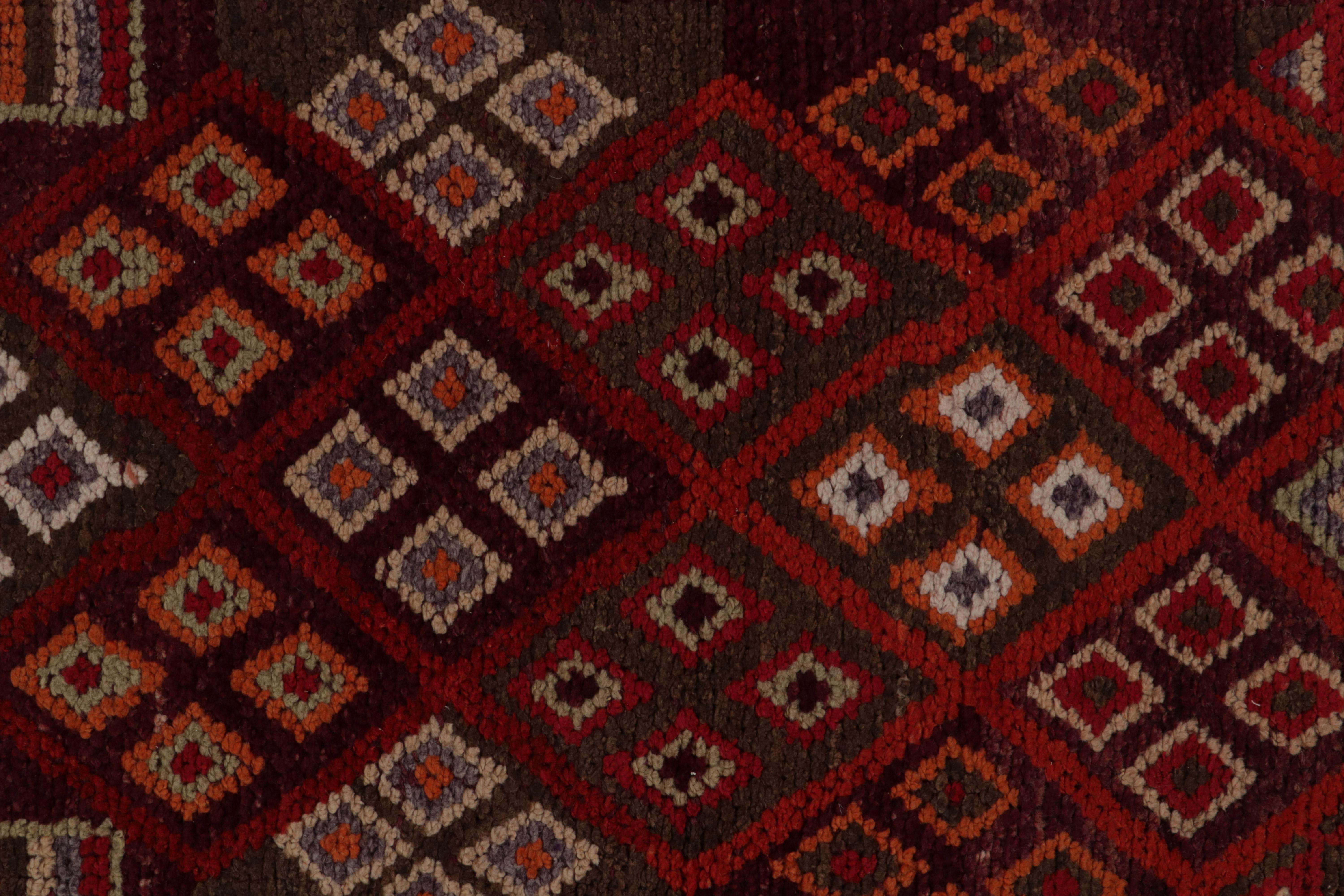Wool Hand-Knotted Vintage Tribal Runner in Red Brown Geometric Pattern by Rug & Kilim For Sale