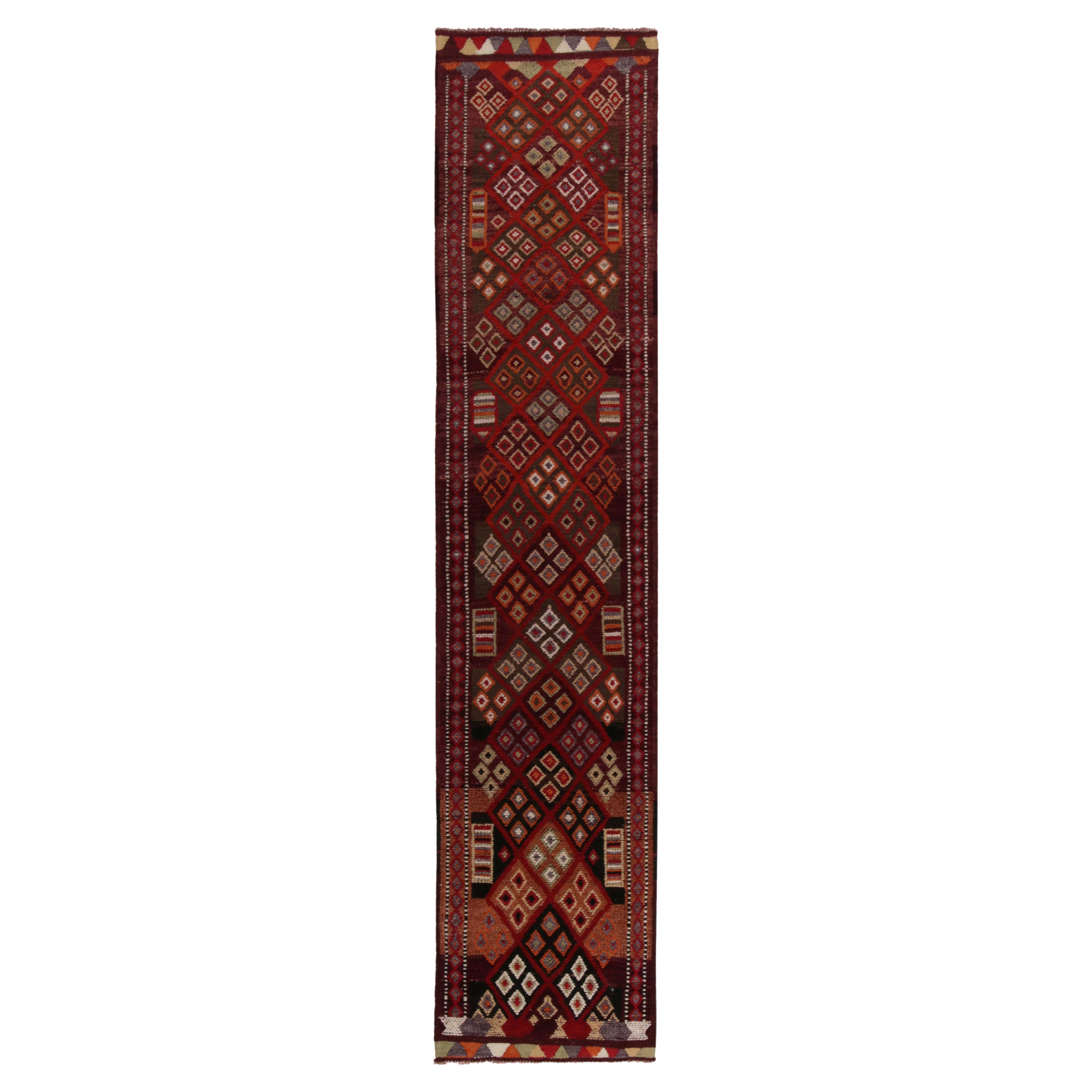 Hand-Knotted Vintage Tribal Runner in Red Brown Geometric Pattern by Rug & Kilim For Sale