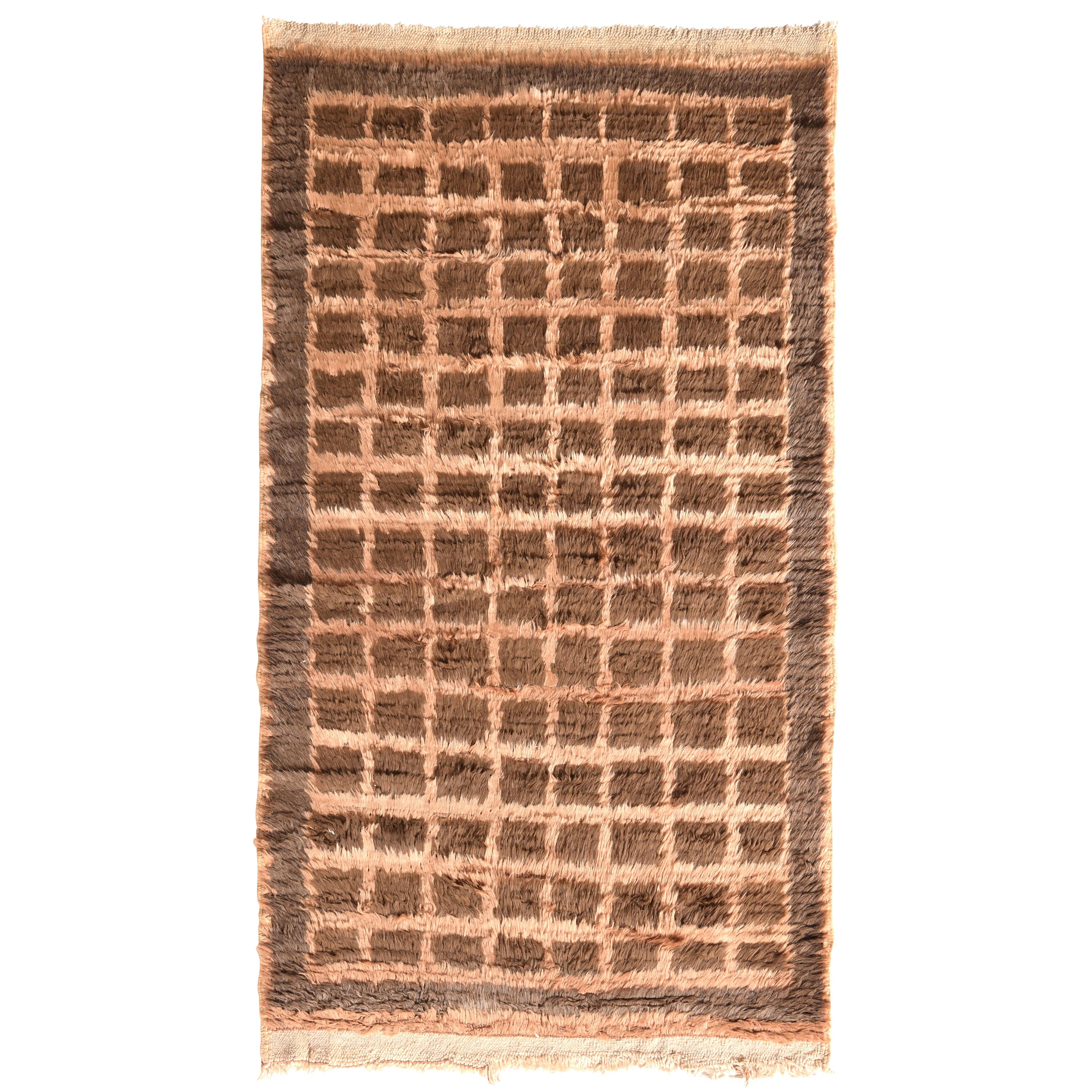 Hand Knotted Vintage Tulu Rug Beige Brown Shag Pile Geometric Pattern For Sale