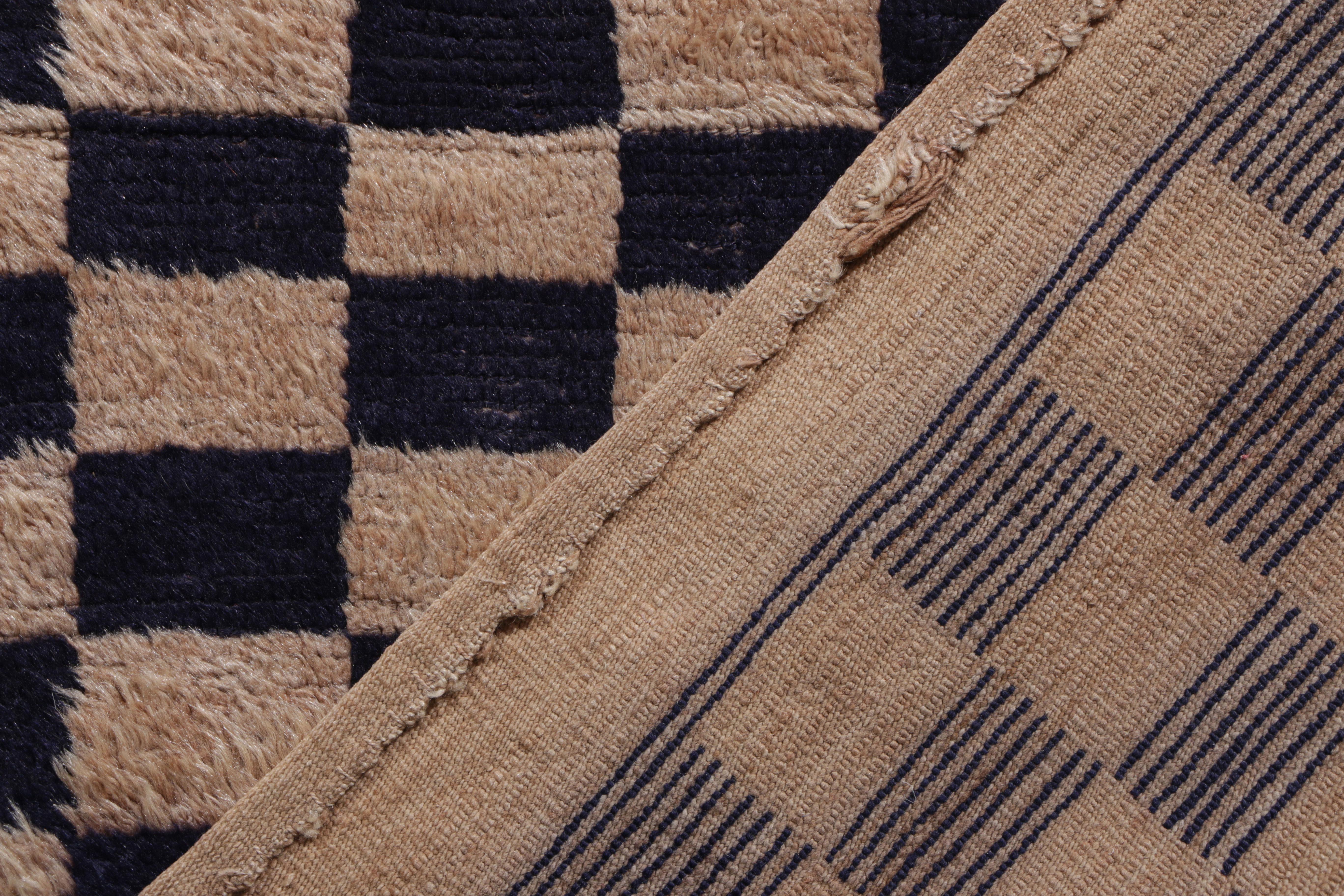 Hand-Knotted Hand Knotted Vintage Tulu Rug in Beige and Blue Checkered Pattern