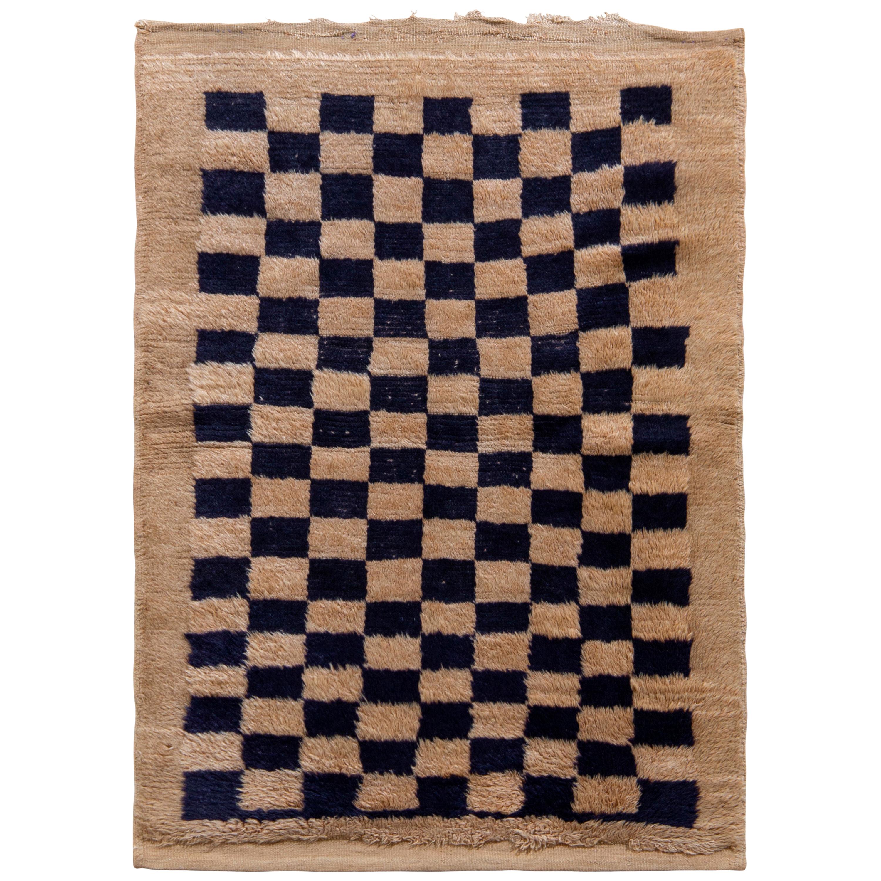 Hand Knotted Vintage Tulu Rug in Beige and Blue Checkered Pattern