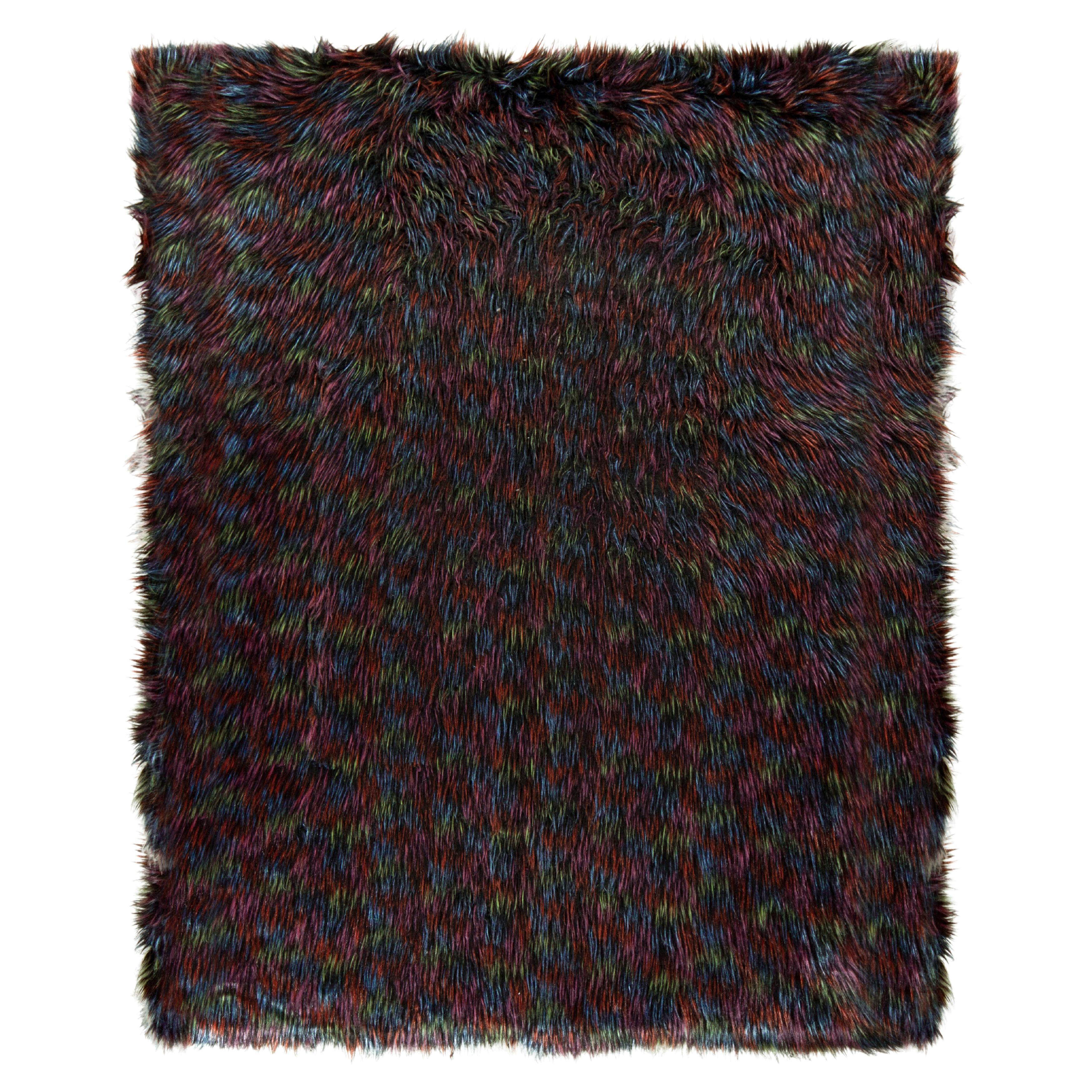 Hand-Knotted Vintage Tulu Shag Rug in Black, Purple, Multicolor by Rug & Kilim For Sale