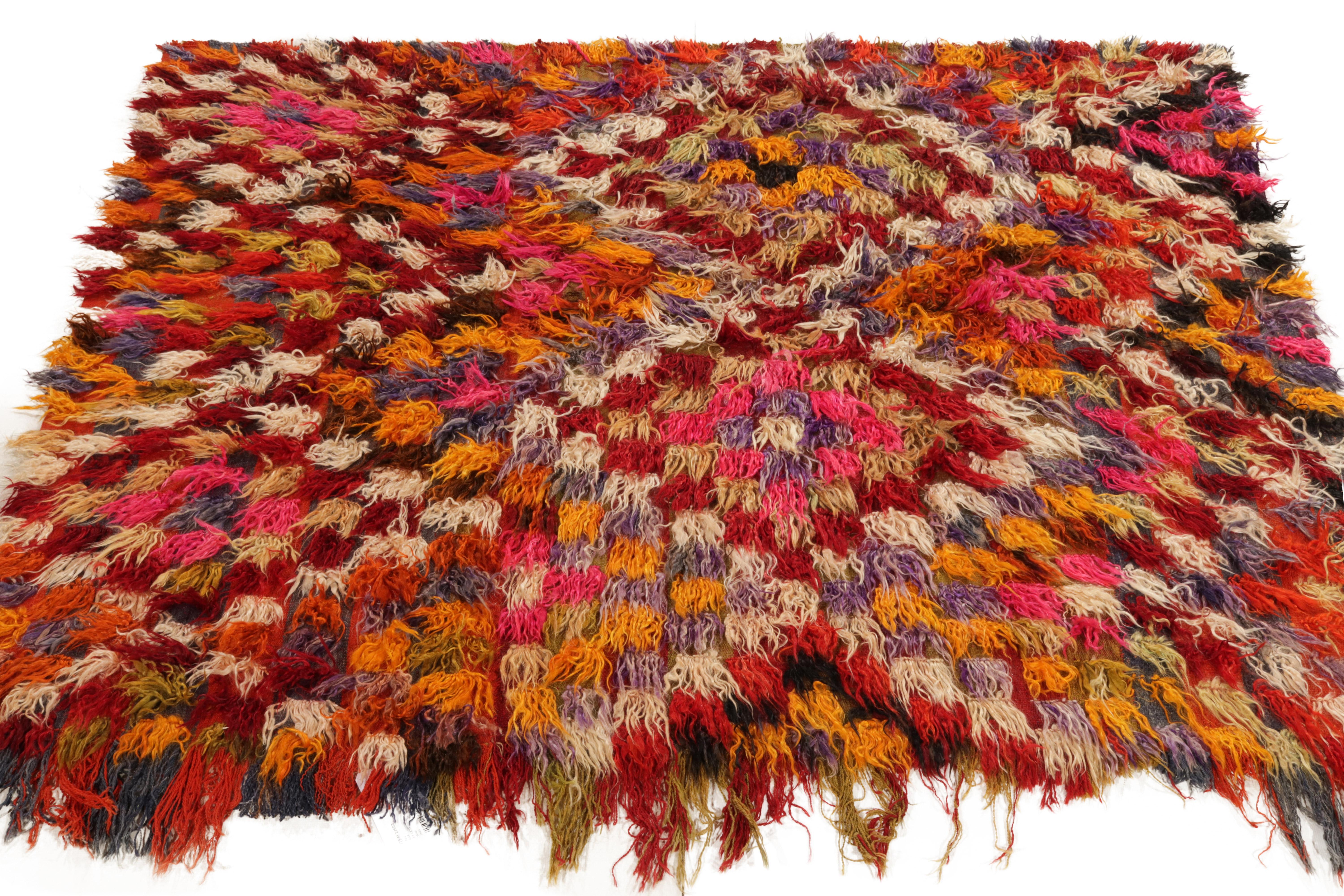 Tribal Hand-Knotted Vintage Tulu Shag Rug Multicolor Geometric Pattern by Rug & Kilim For Sale