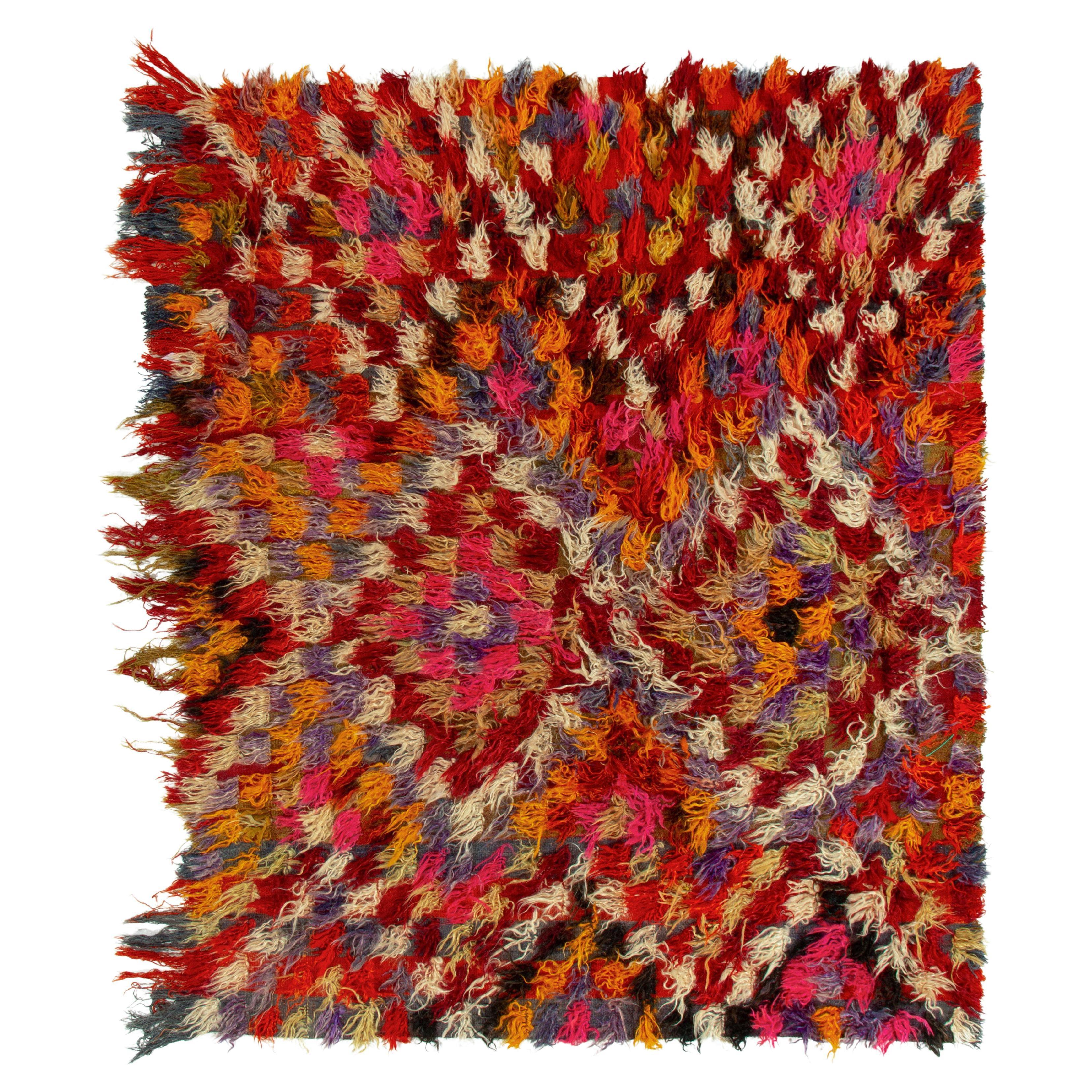 Hand-Knotted Vintage Tulu Shag Rug Multicolor Geometric Pattern by Rug & Kilim