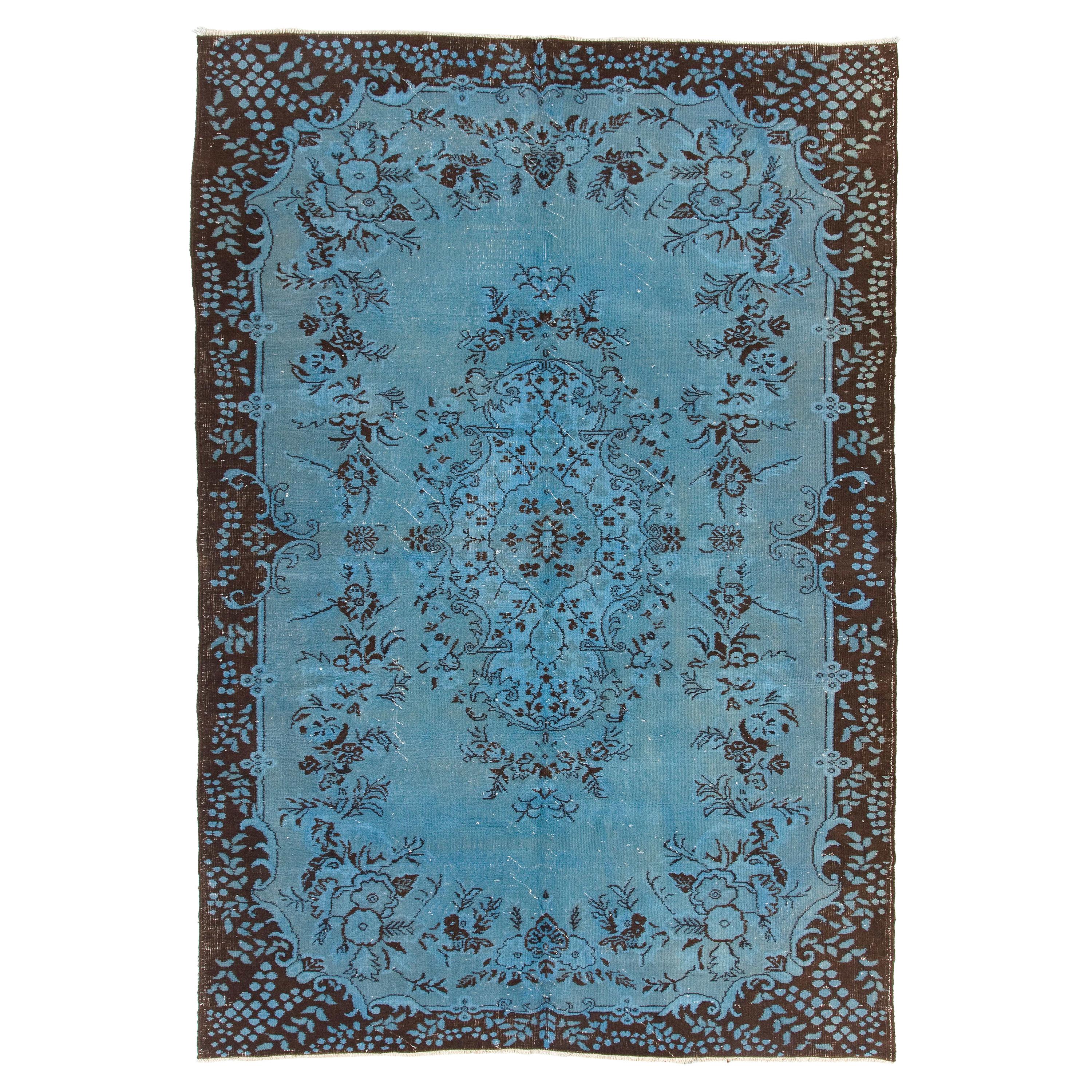 Hand Knotted Vintage Turkish Wool Rug. 6.8x9.7 Ft. Modern Carpet in Light Blue