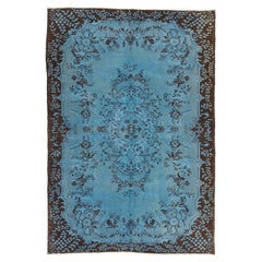 Hand Knotted Vintage Turkish Area Rug. 6.8x9.7 Ft. Over-Dyed in Light Blue Color