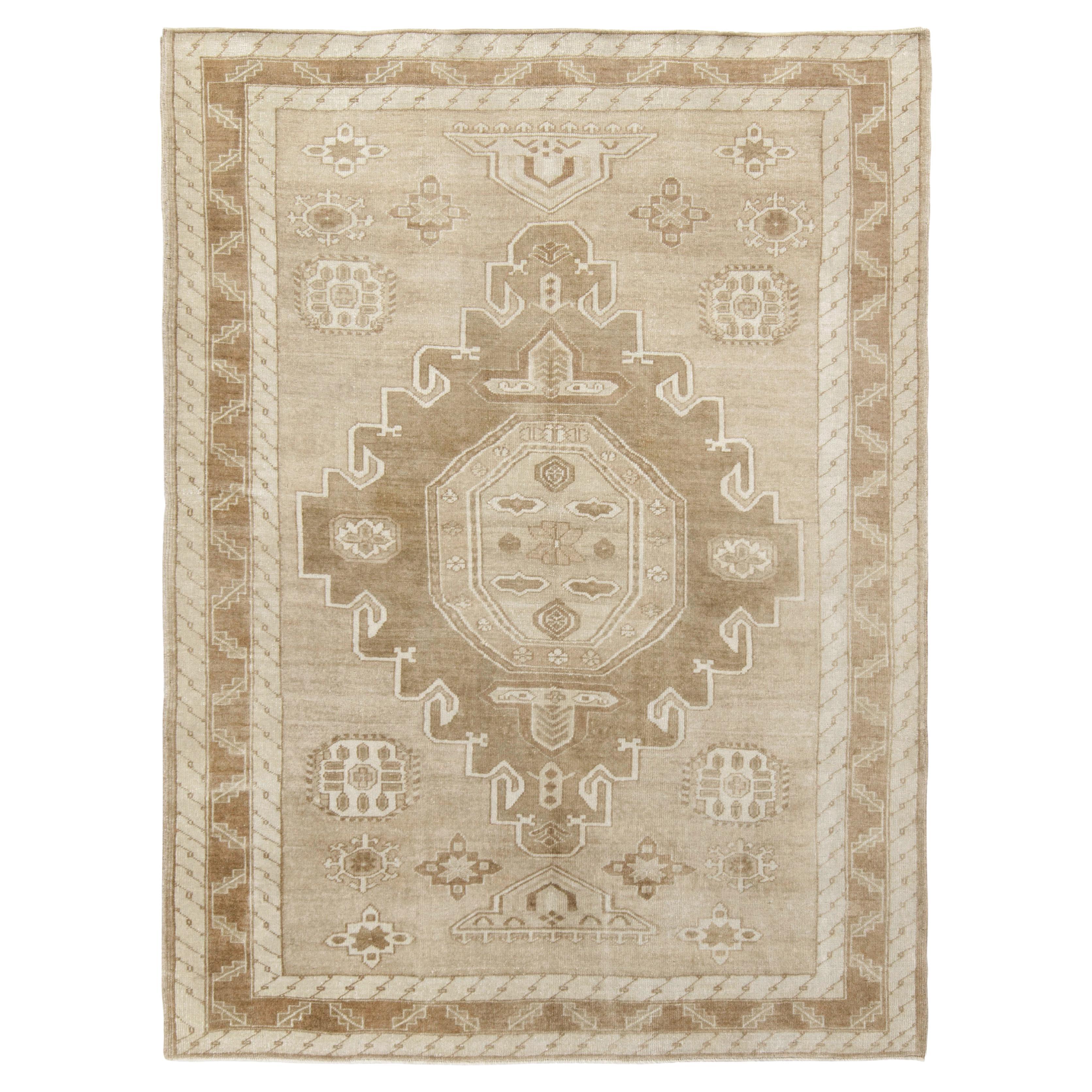 Vintage Turkish Kars Rug in Beige-Brown, White Medallion Pattern by Rug & Kilim