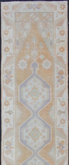 Hand Knotted Vintage Turkish Oushak Runner with Medallion Design in Soft Peach