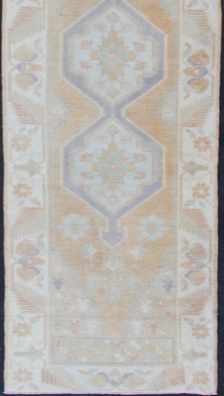 Hand-Knotted Hand Knotted Vintage Turkish Oushak Runner with Medallion Design in Soft Peach For Sale