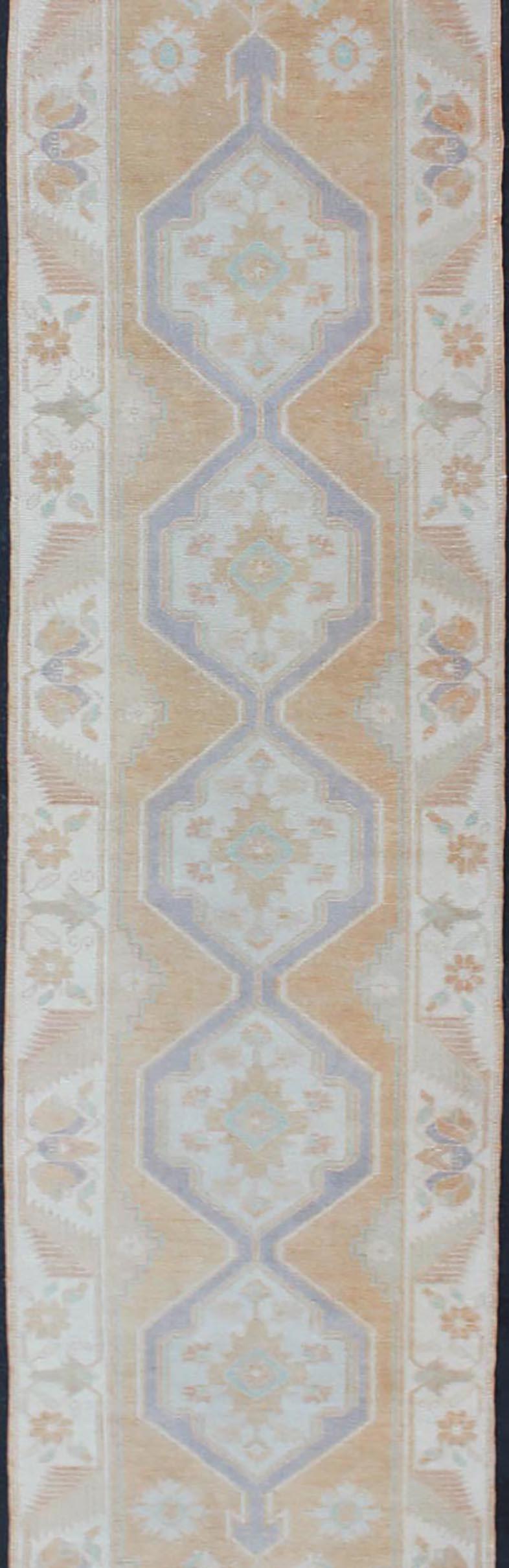 Hand Knotted Vintage Turkish Oushak Runner with Medallion Design in Soft Peach In Good Condition For Sale In Atlanta, GA