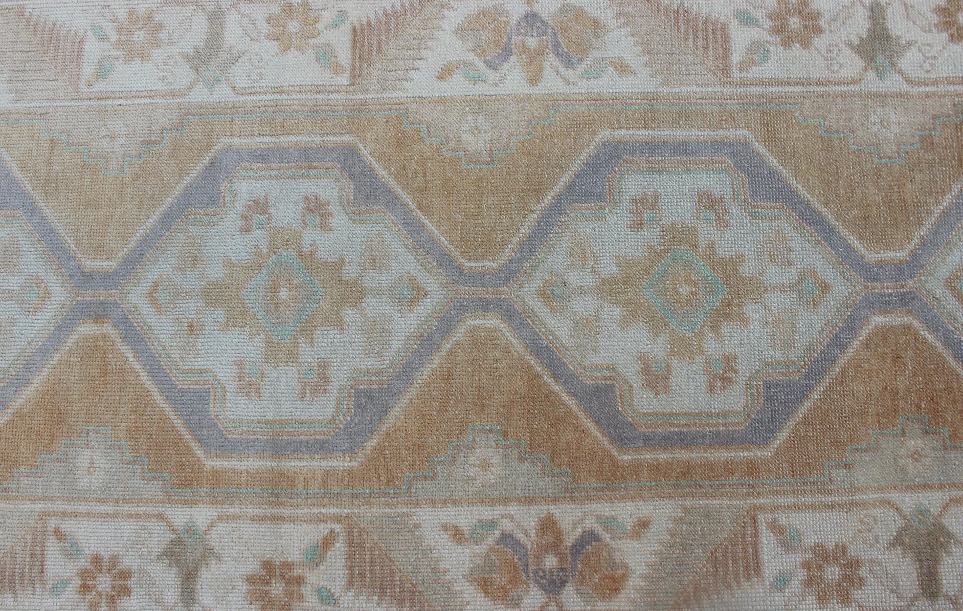 Hand Knotted Vintage Turkish Oushak Runner with Medallion Design in Soft Peach For Sale 1