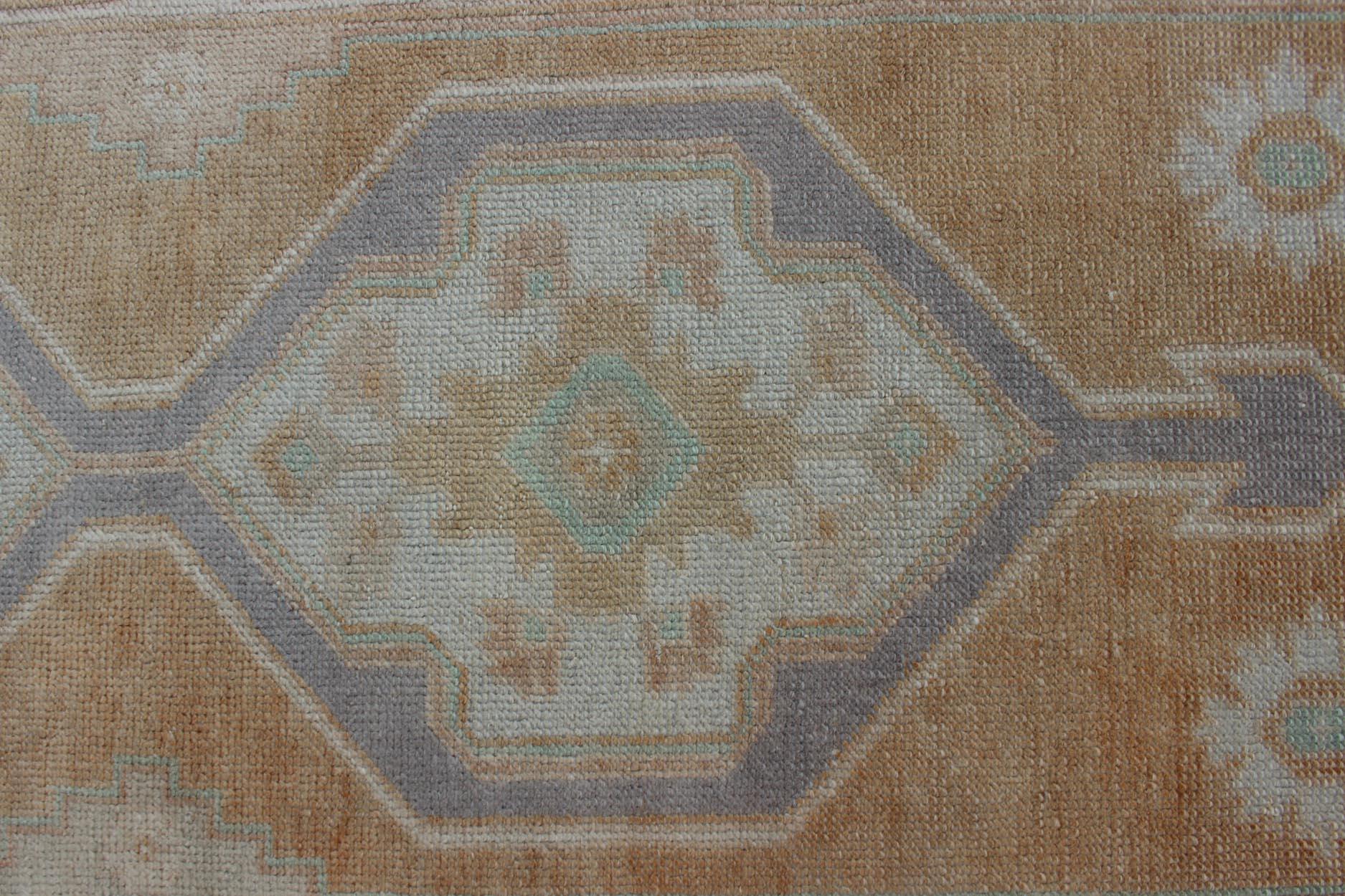 Hand Knotted Vintage Turkish Oushak Runner with Medallion Design in Soft Peach For Sale 2