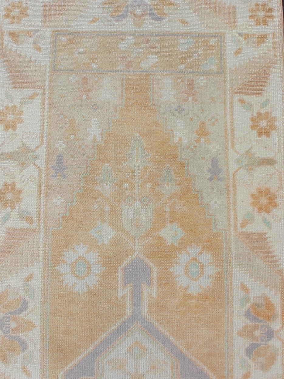Hand Knotted Vintage Turkish Oushak Runner with Medallion Design in Soft Peach For Sale 3