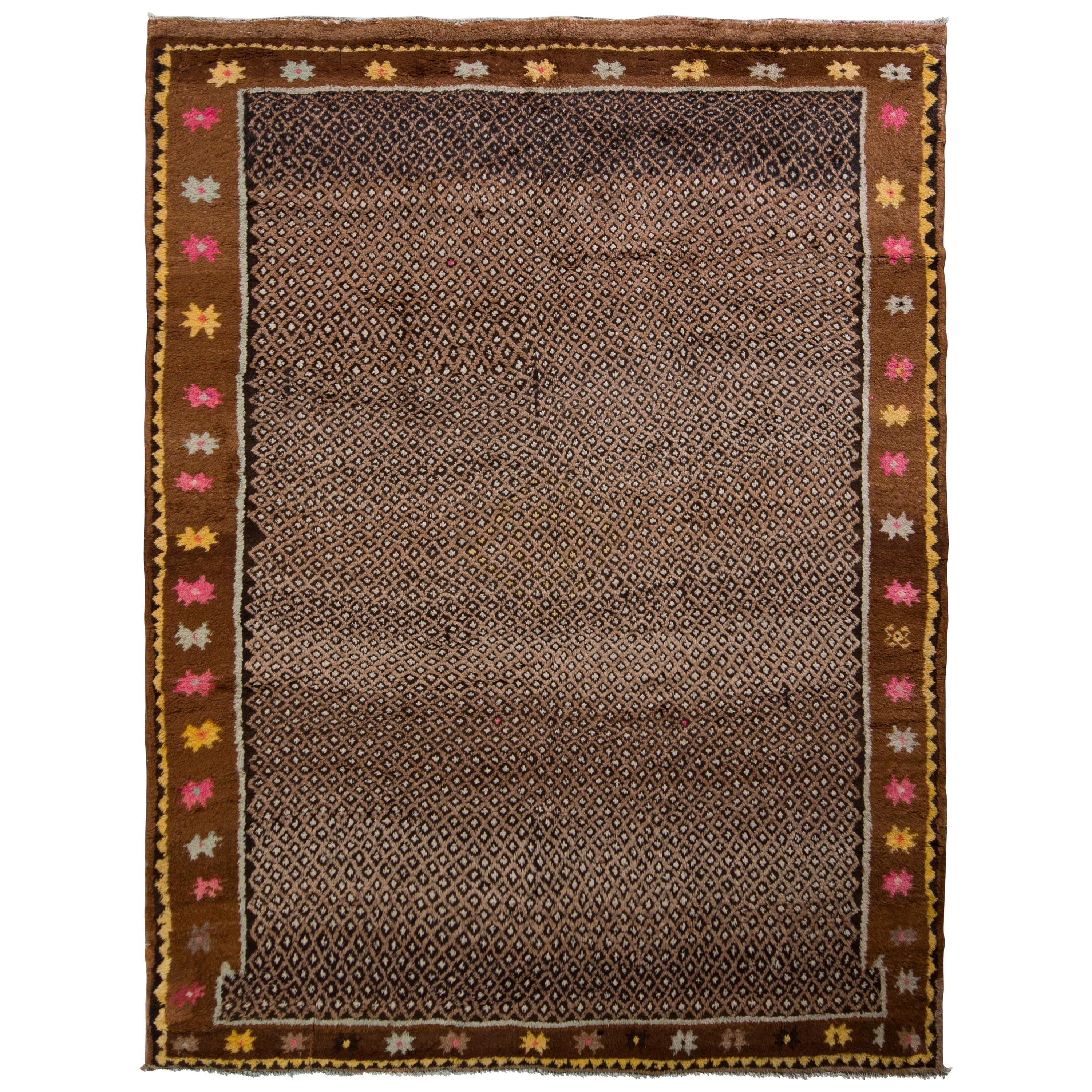 Hand Knotted Vintage Turkish Rug in Beige-Brown Geometric Pattern by Rug & Kilim For Sale