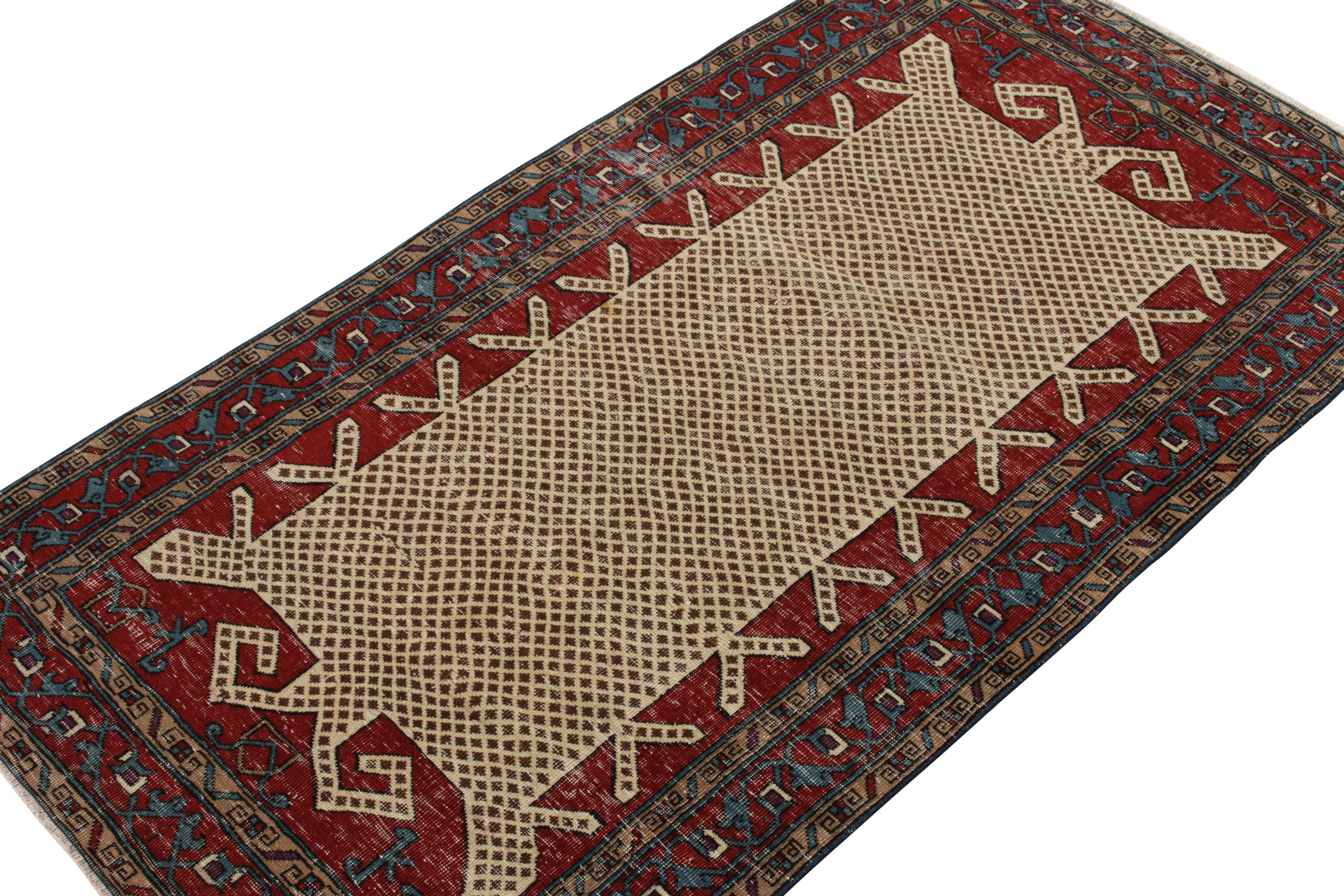 Mid-Century Modern Hand-Knotted Vintage Turkish Rug in Red, Blue Geometric Pattern by Rug & Kilim For Sale