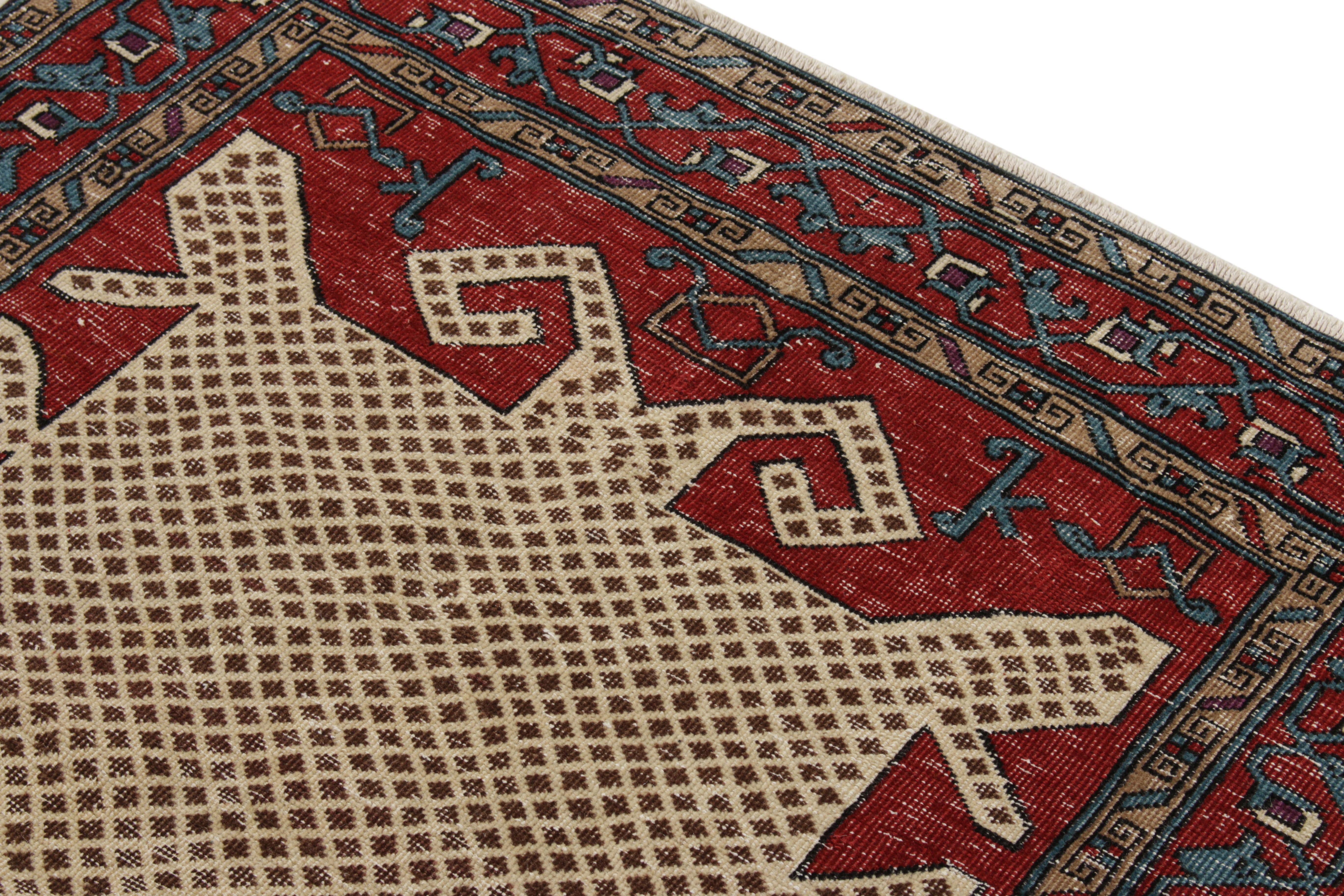 Hand-Knotted Vintage Turkish Rug in Red, Blue Geometric Pattern by Rug & Kilim In Good Condition For Sale In Long Island City, NY