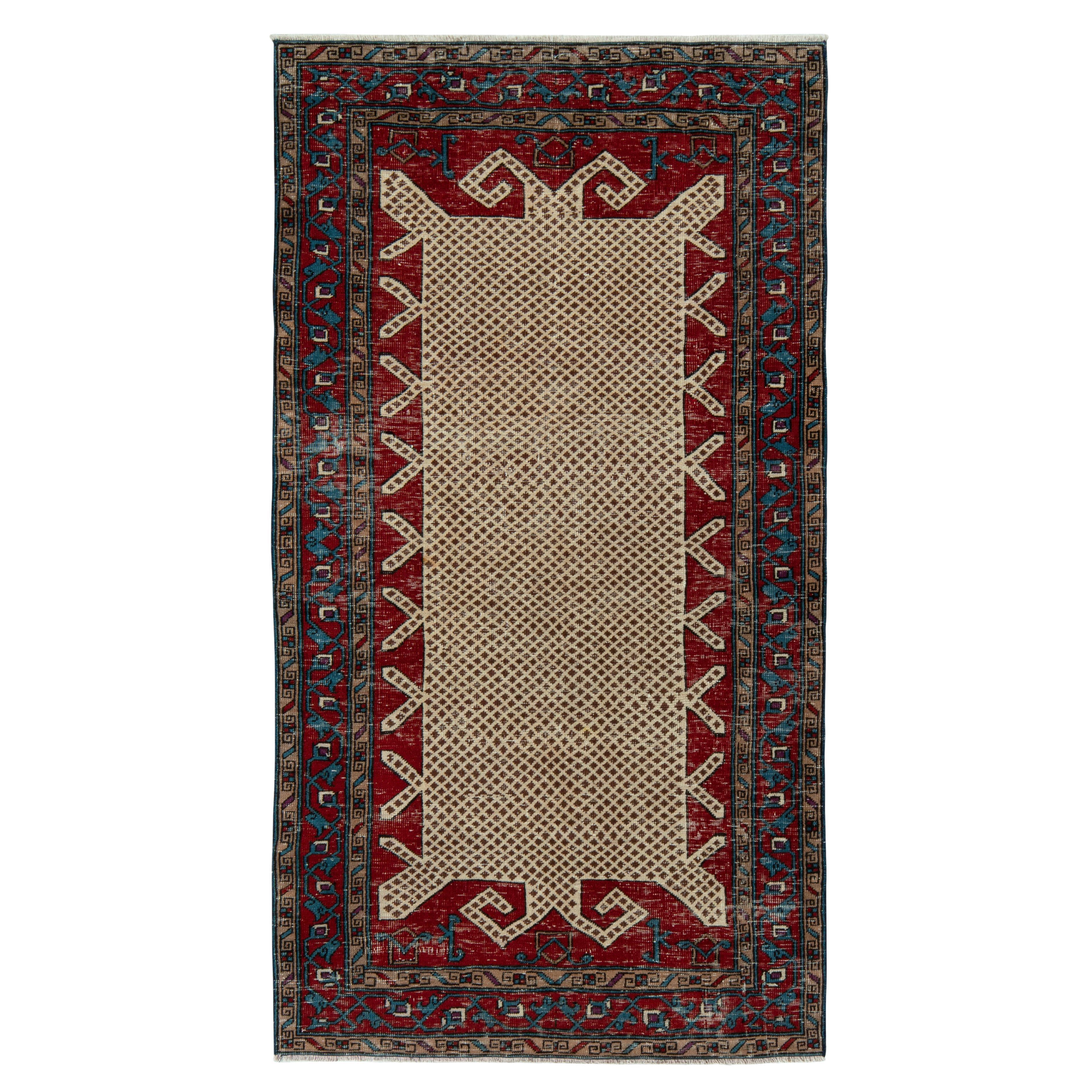 Hand-Knotted Vintage Turkish Rug in Red, Blue Geometric Pattern by Rug & Kilim For Sale