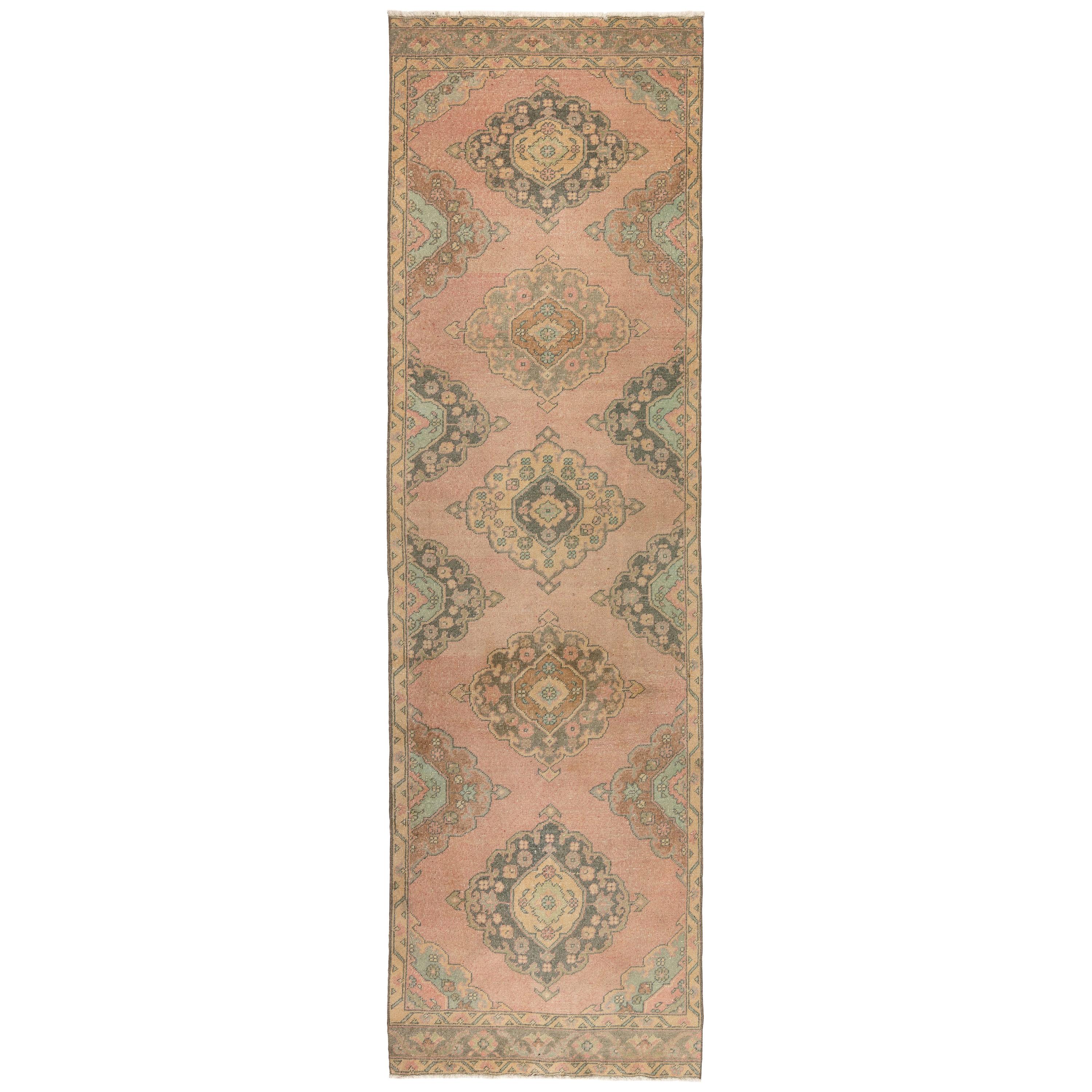 3.7x11.2 Ft Hand-Knotted Vintage Turkish Runner Rug in Faded Coral & Light Blue