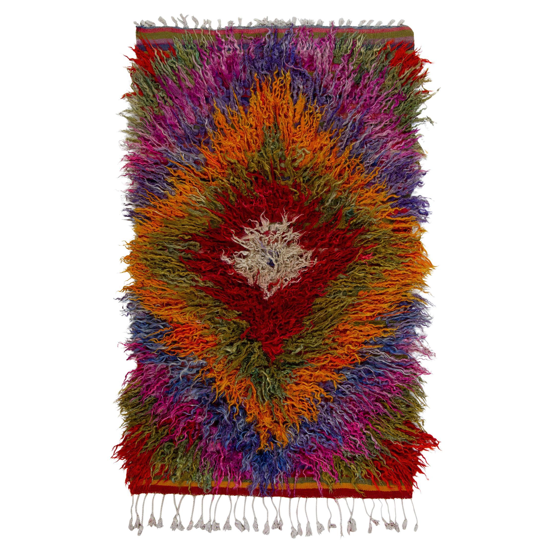 Hand-Knotted Vintage Turkish Tulu Rug in Multicolor Shag Pile by Rug & Kilim For Sale