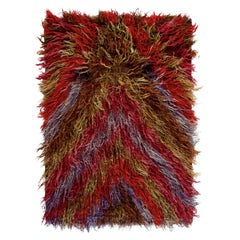 Hand-Knotted Retro Turkish Tulu Rug in Red and Brown, Shag Pile by Rug & Kilim