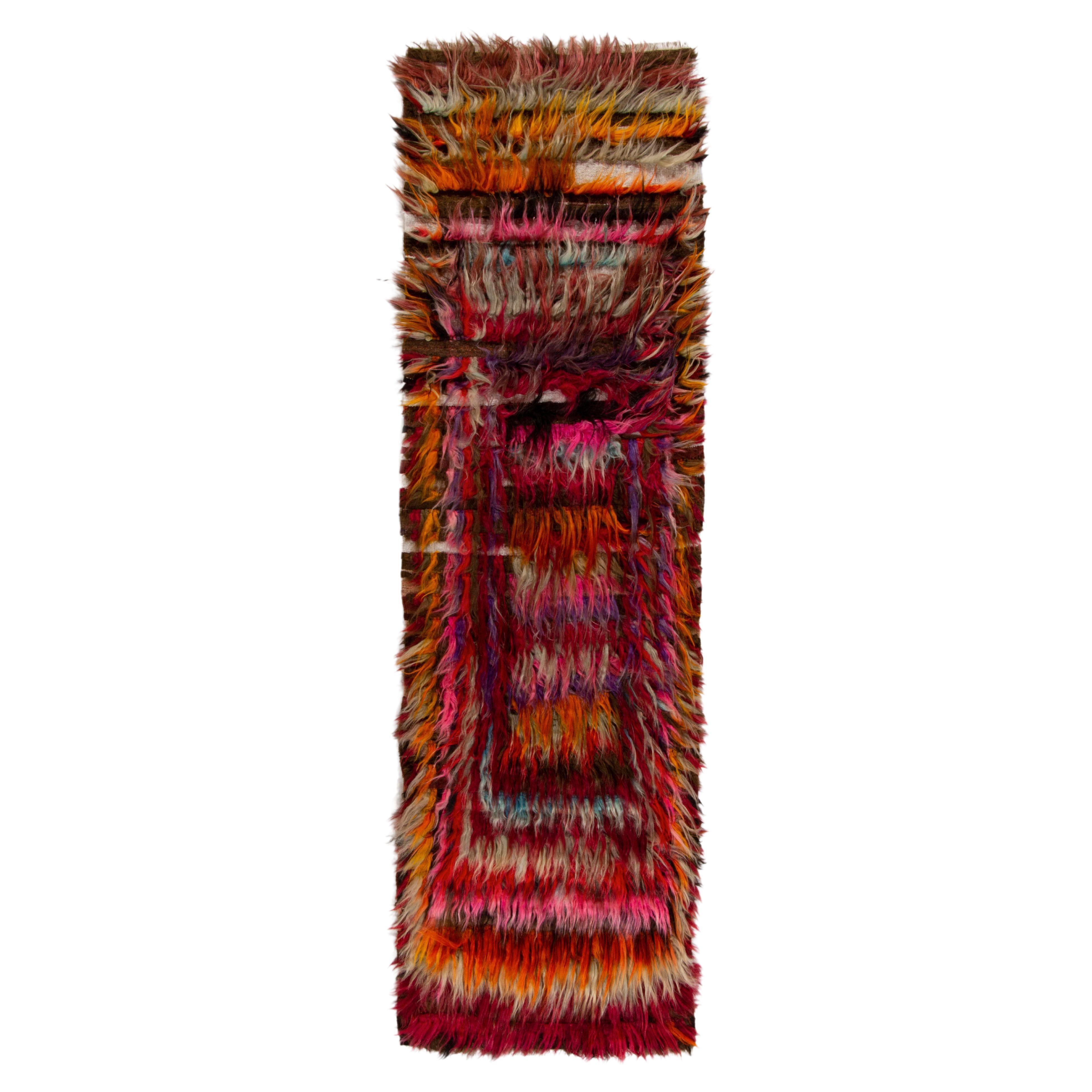Hand-Knotted Vintage Turkish Tulu Rug in Red, Pink Shag Pile by Rug & Kilim For Sale