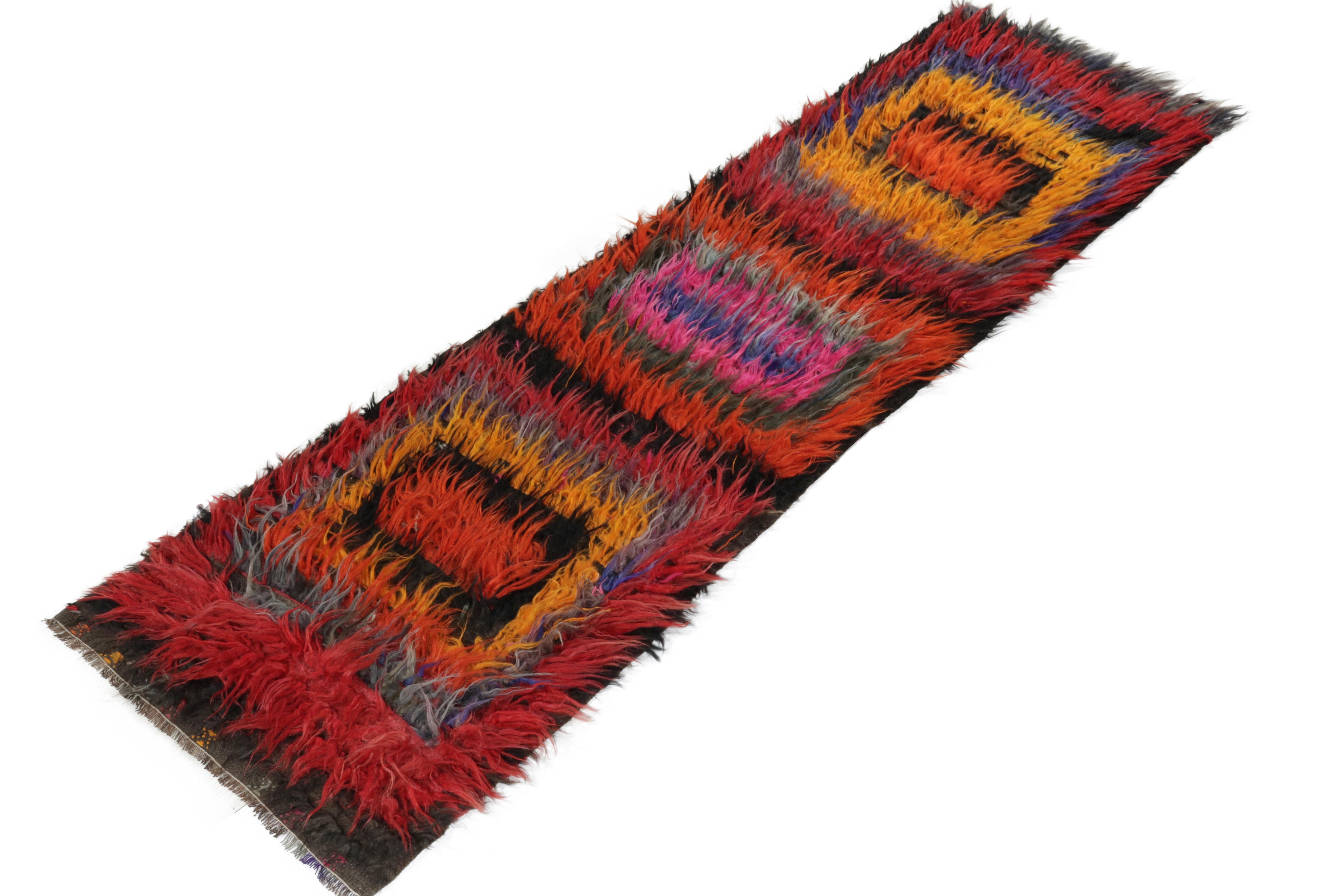 Tribal Hand Knotted Vintage Turkish Tulu Runner in Red, Orange Shag Pile by Rug & Kilim For Sale
