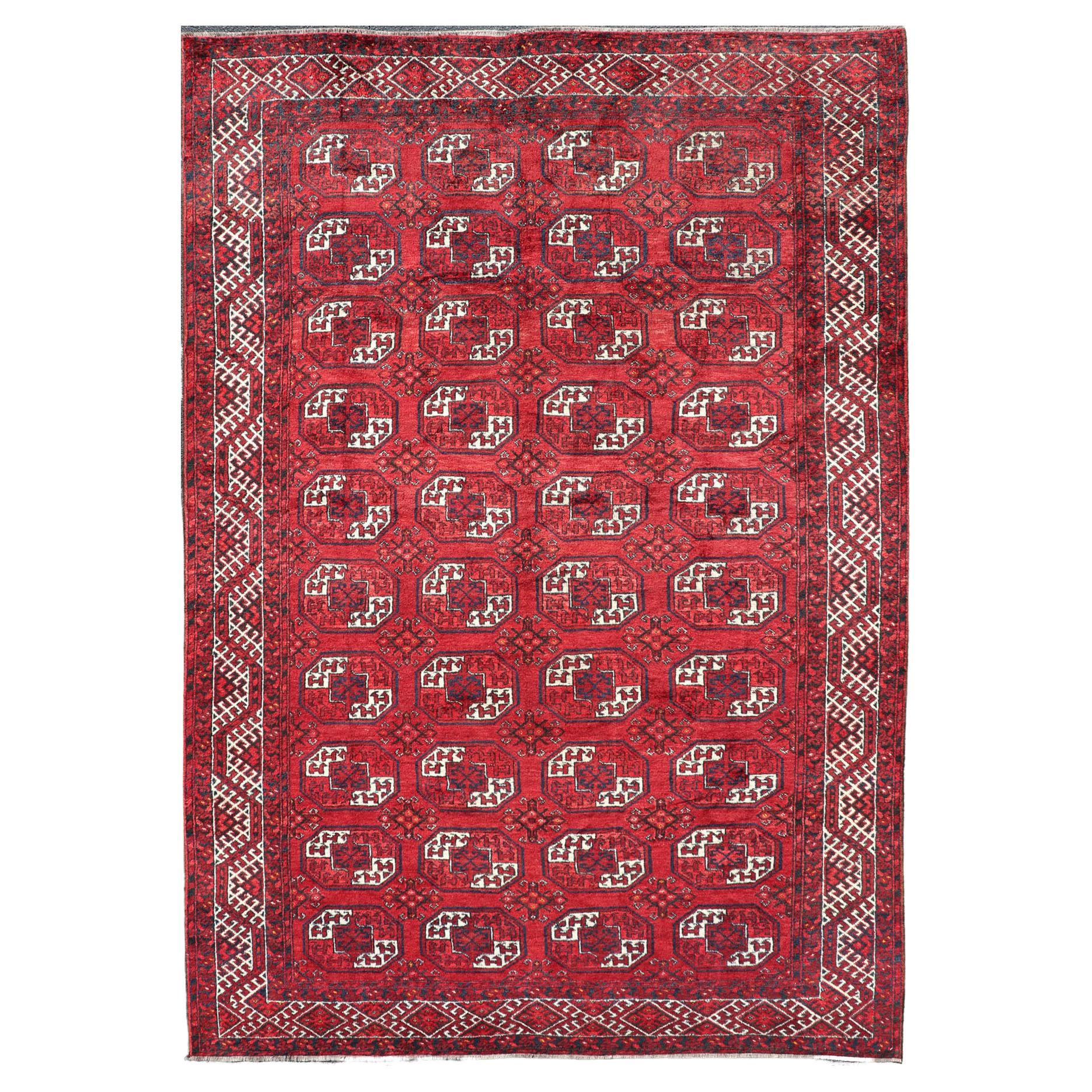 Hand-Knotted Vintage Turkomen Ersari Rug in Wool with Repeating Gul Design For Sale