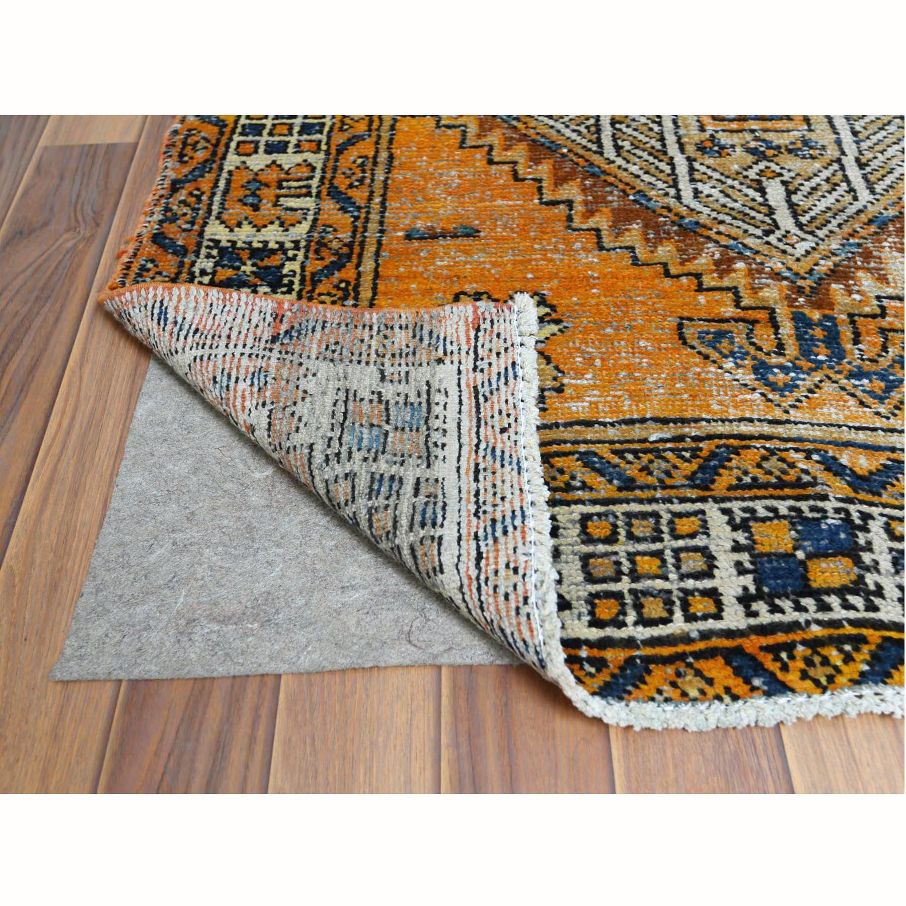 Medieval Hand Knotted Vintage Yellow Persian Serab with Serrated Medallions Worn Wool Rug For Sale