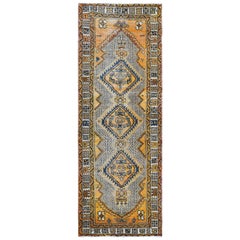 Hand Knotted Retro Yellow Persian Serab with Serrated Medallions Worn Wool Rug