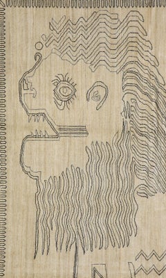 Hand-Knotted Wool and Silk Minimalist Abstract Lion Rug in Ivory and Black, 8x10