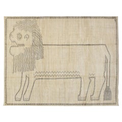 Hand-Knotted Wool and Silk Minimalist Abstract Lion Rug in Ivory and Black, 8x10