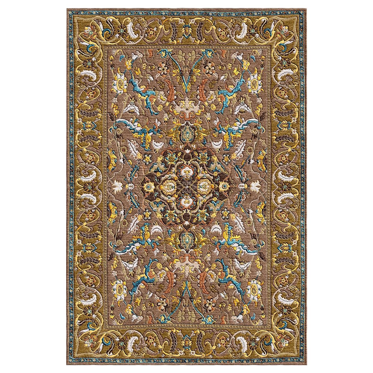 Hand Knotted Wool and Silk Modern Polonaise Rug in Beige by Gordian For Sale