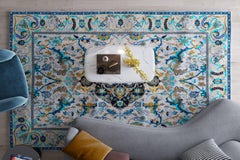 Hand Knotted Wool and Silk Modern Polonaise Rug in White and Blue by Gordian