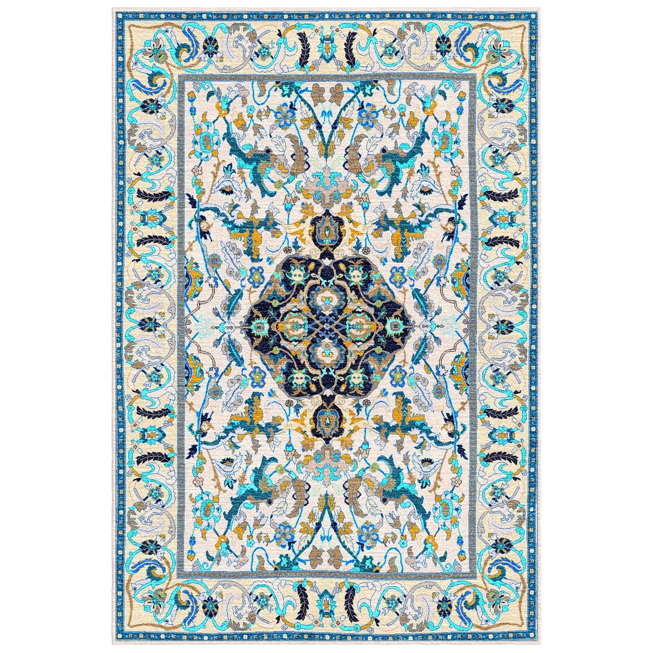 Hand Knotted Wool and Silk Modern Polonaise Rug in White and Blue by Gordian For Sale