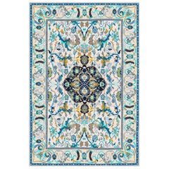 Hand Knotted Wool and Silk Modern Polonaise Rug in White and Blue by Gordian
