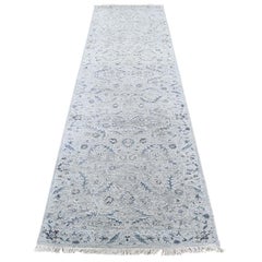 Hand Knotted Wool and Silk Transitional Kashan Design Runner Rug