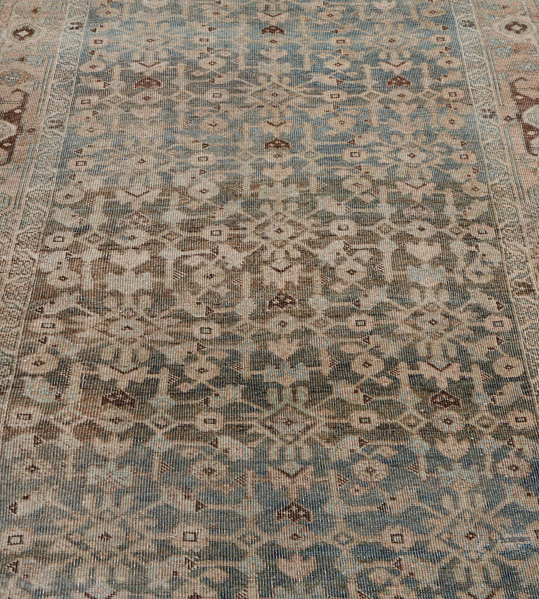 Hand-Knotted Hand-knotted Wool Antique Blue Herati-pattern Persian Bidjar Runner For Sale