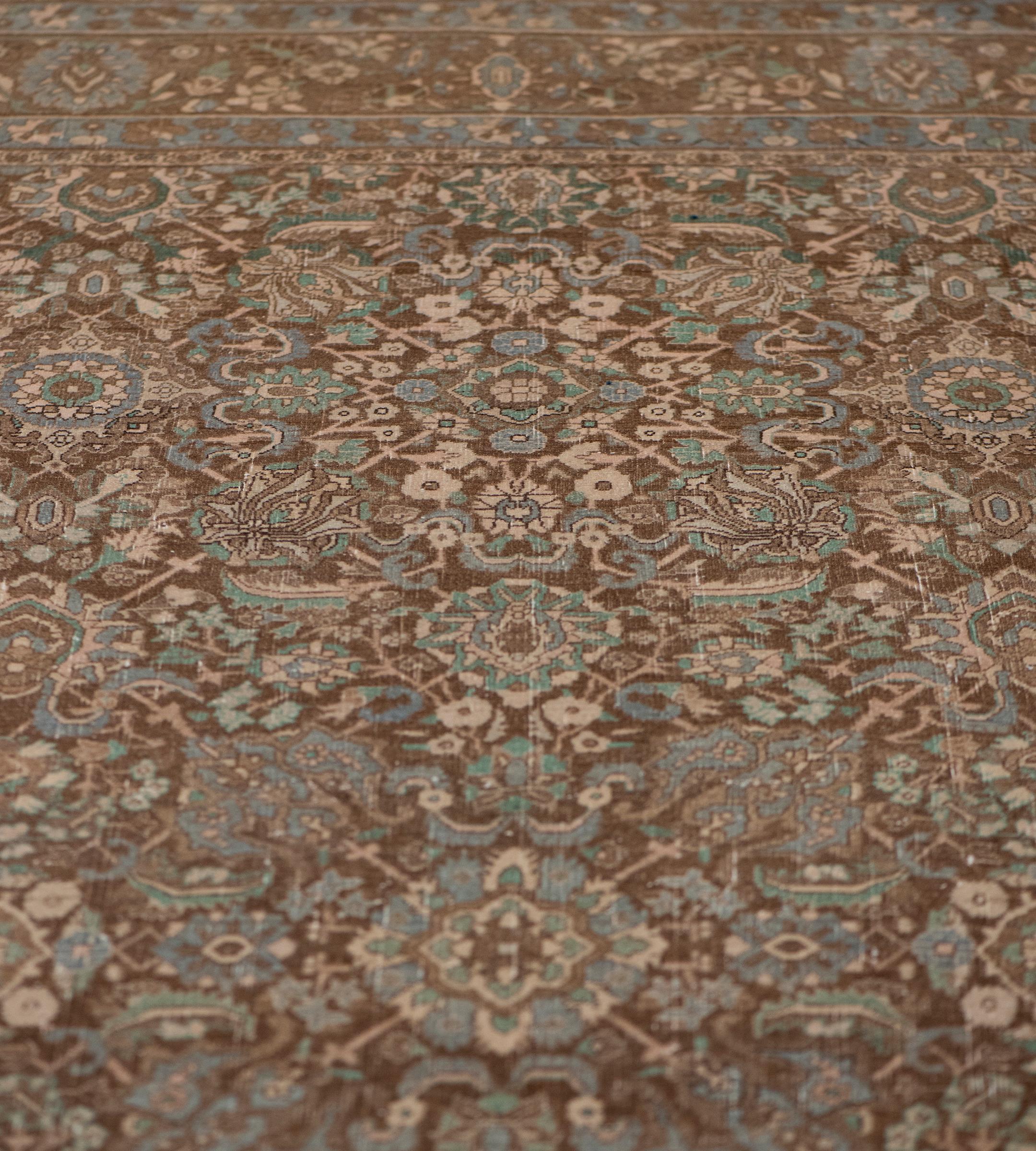 Hand-Knotted Wool Antique Light-Blue and Brown Floral Persian Tabriz Rug In Good Condition For Sale In West Hollywood, CA